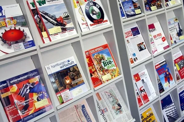 A display of German magazines at the language school in Hamburg.