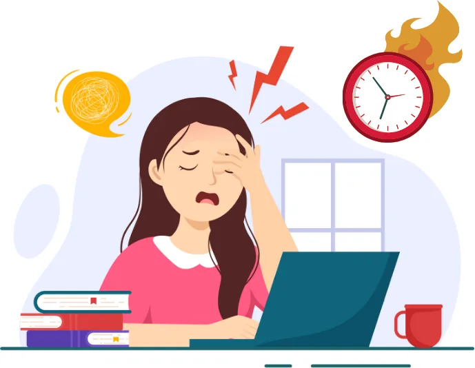 Cartoon image of student stressing over their exam revision during exam season.