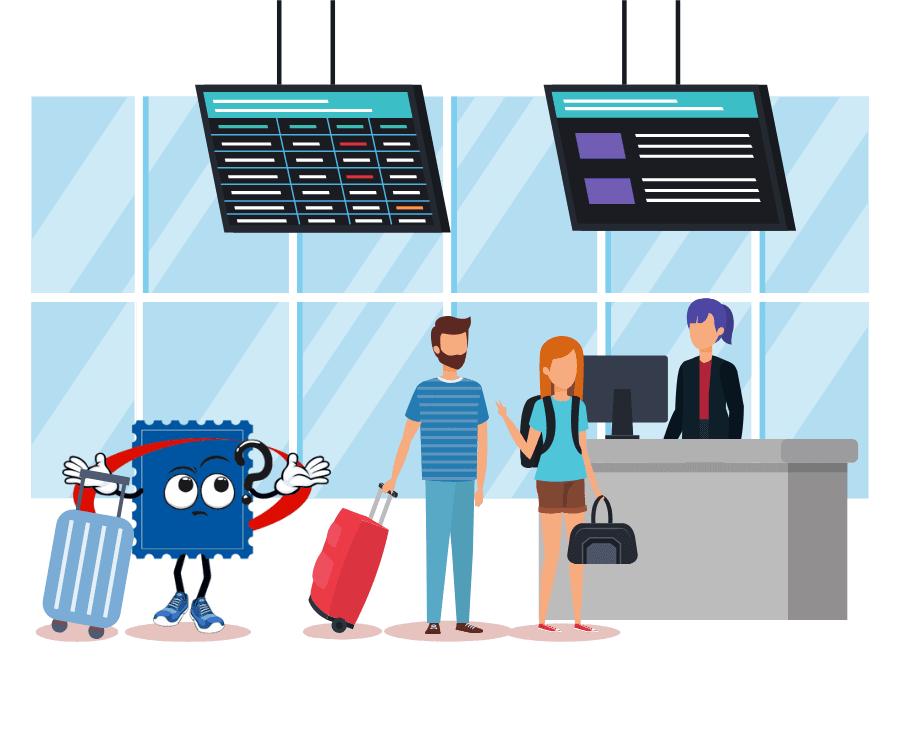 Stampie looking confused while checking in at the airport.