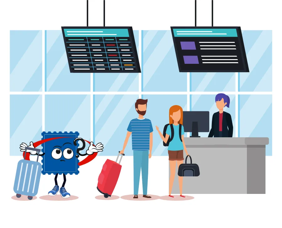 Stampie looking confused while checking in at the airport.