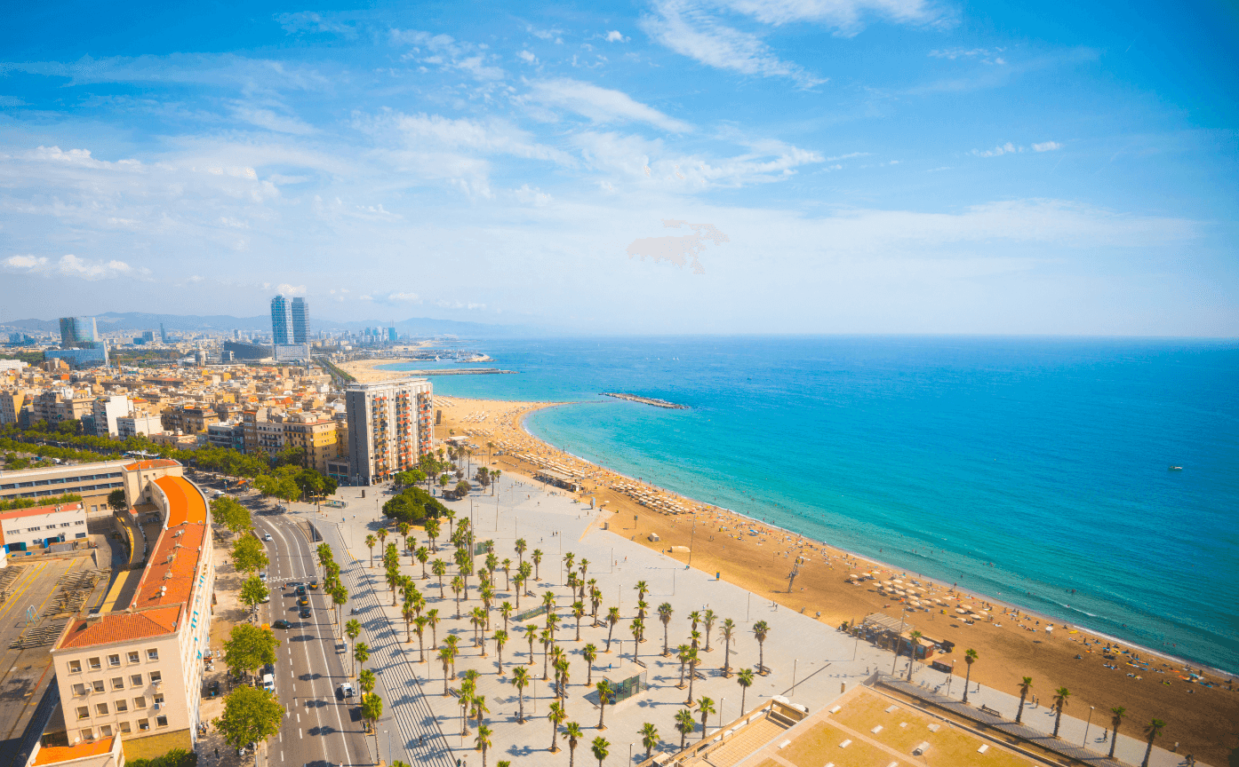 An aerial view of Barcelona beach on a sunny day