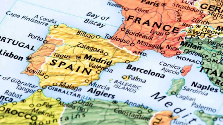 Map of Europe and north Africa with Spain, France, and Morocco.
