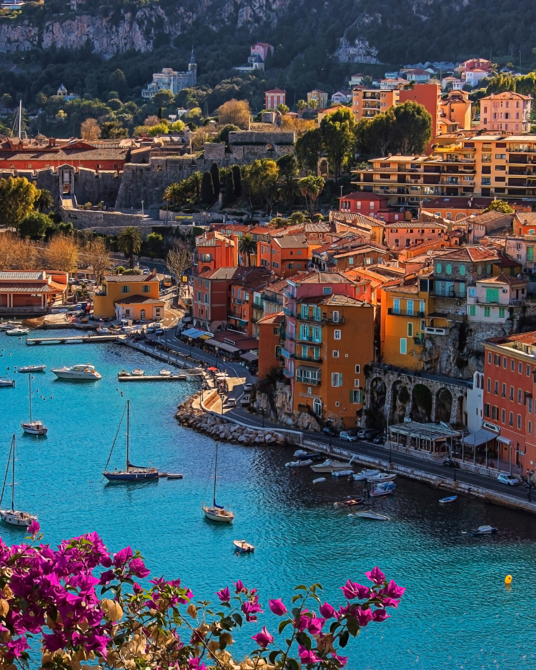 Aerial view of Villefranche sur mer harbour at sunset