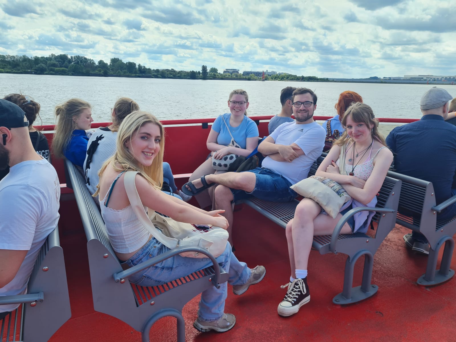 Students on a boat tour of the Port of Hamburg