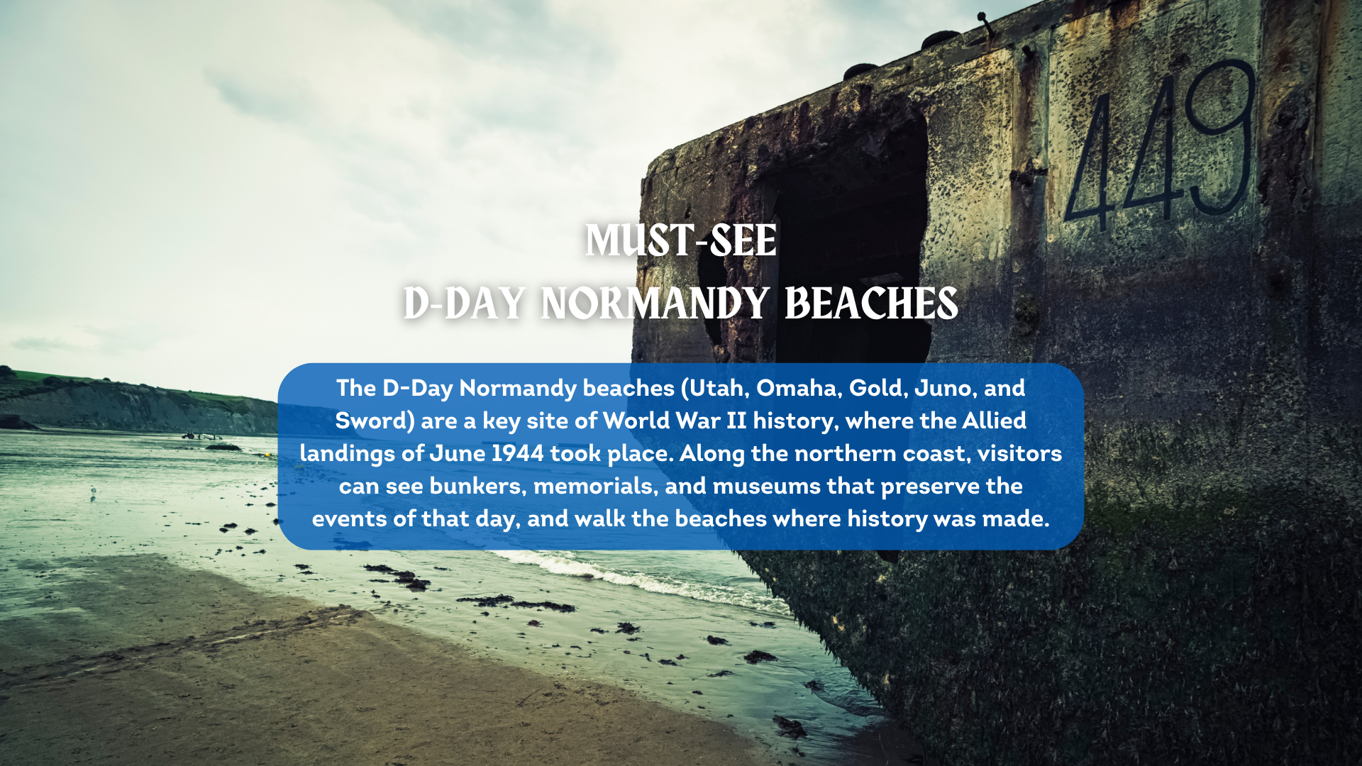 On the left of the image is a beach in Normandy, while on the right is the rusted remains of a Mulberry Harbour