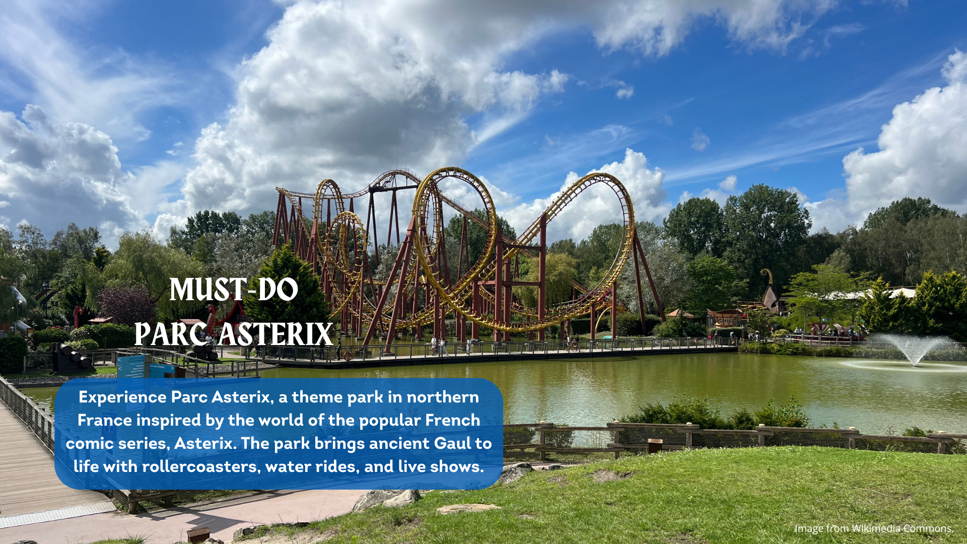 A theme park in Normandy with rollercoasters and a lake in the foreground