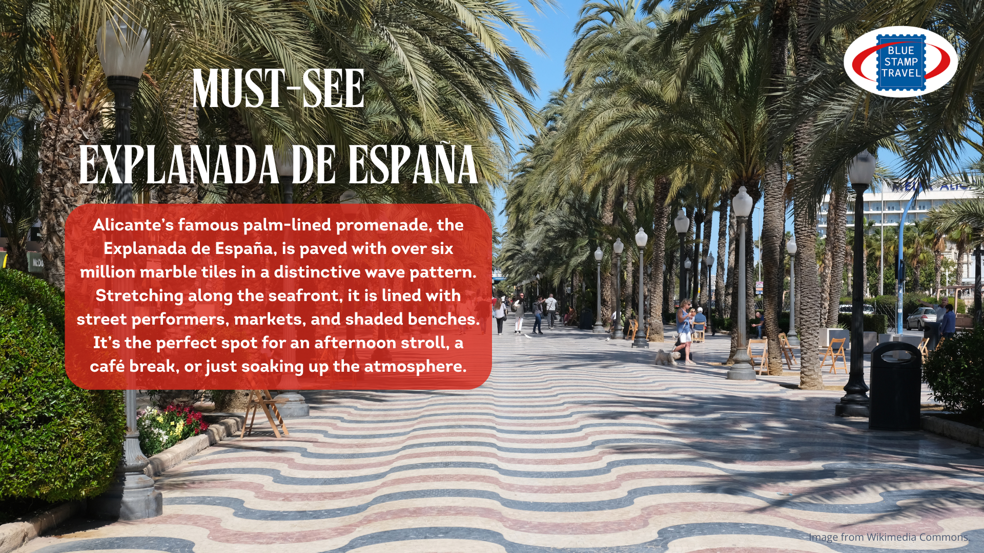 The brightly coloured striped pavement of the Explanade de Espana in Alicante, with palm trees to either side.