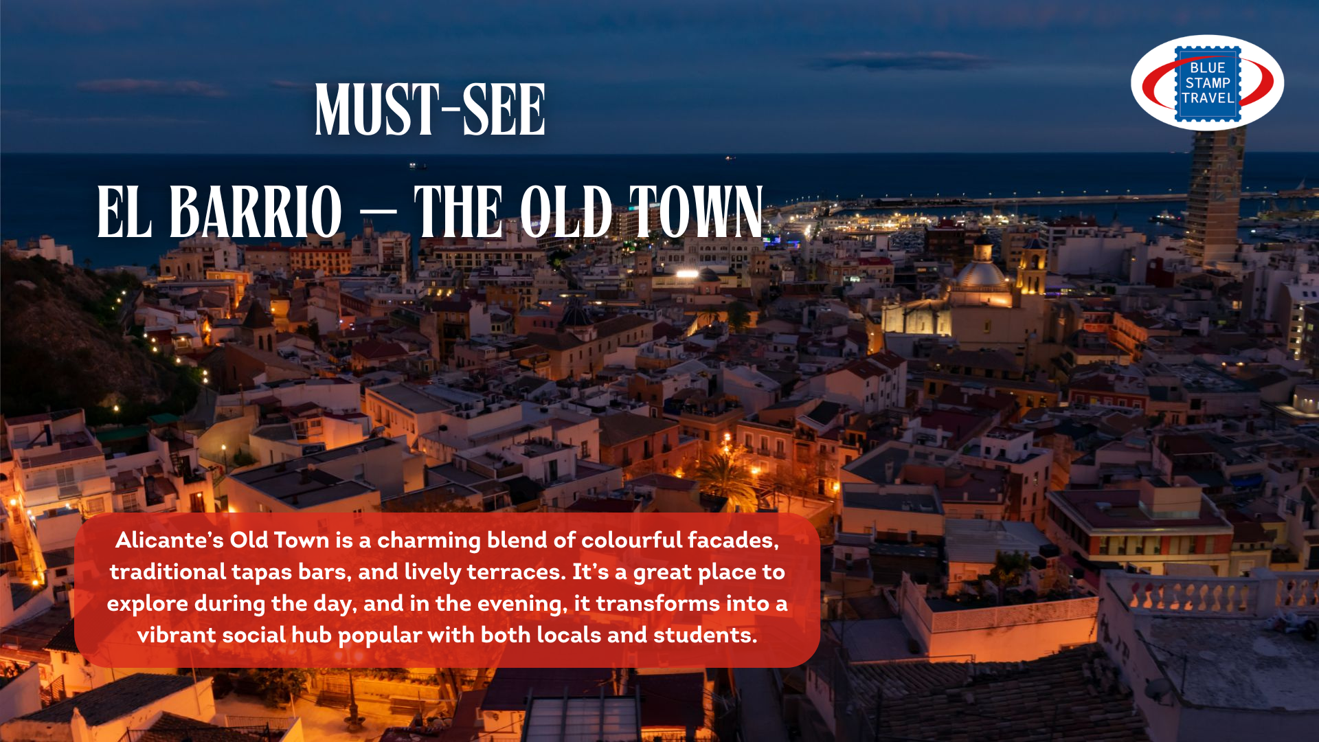 A night-time view over the rooftops of Alicante old town