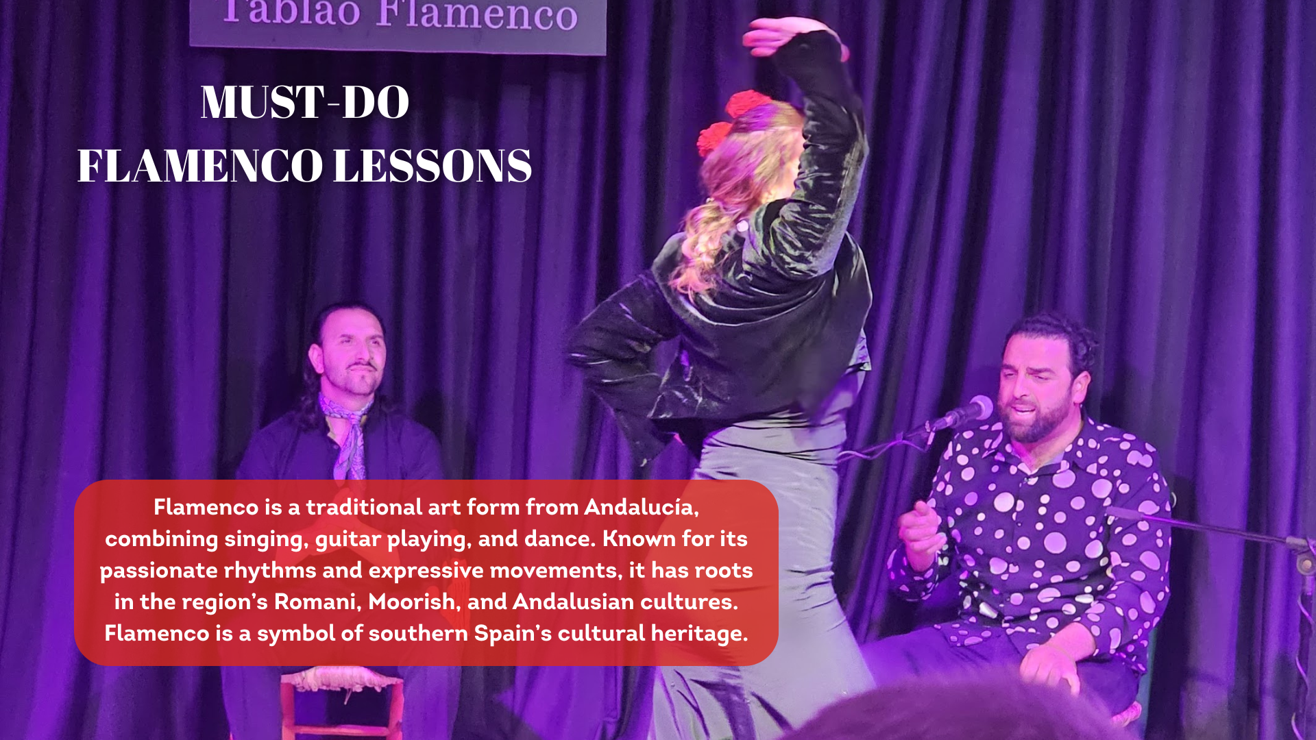 A woman dances in front of two musicians