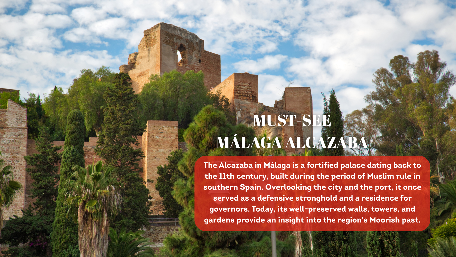 Ruined towers and walls of the Alcazaba fortress in Malaga