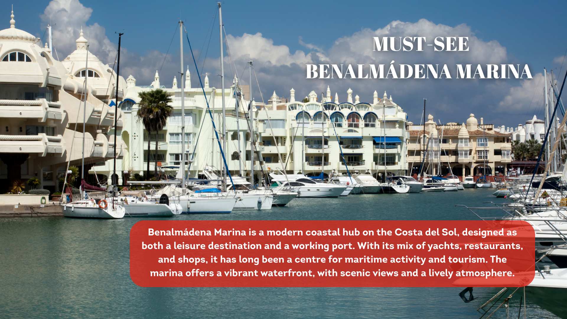 Yachts line a marina with modern apartment buildings