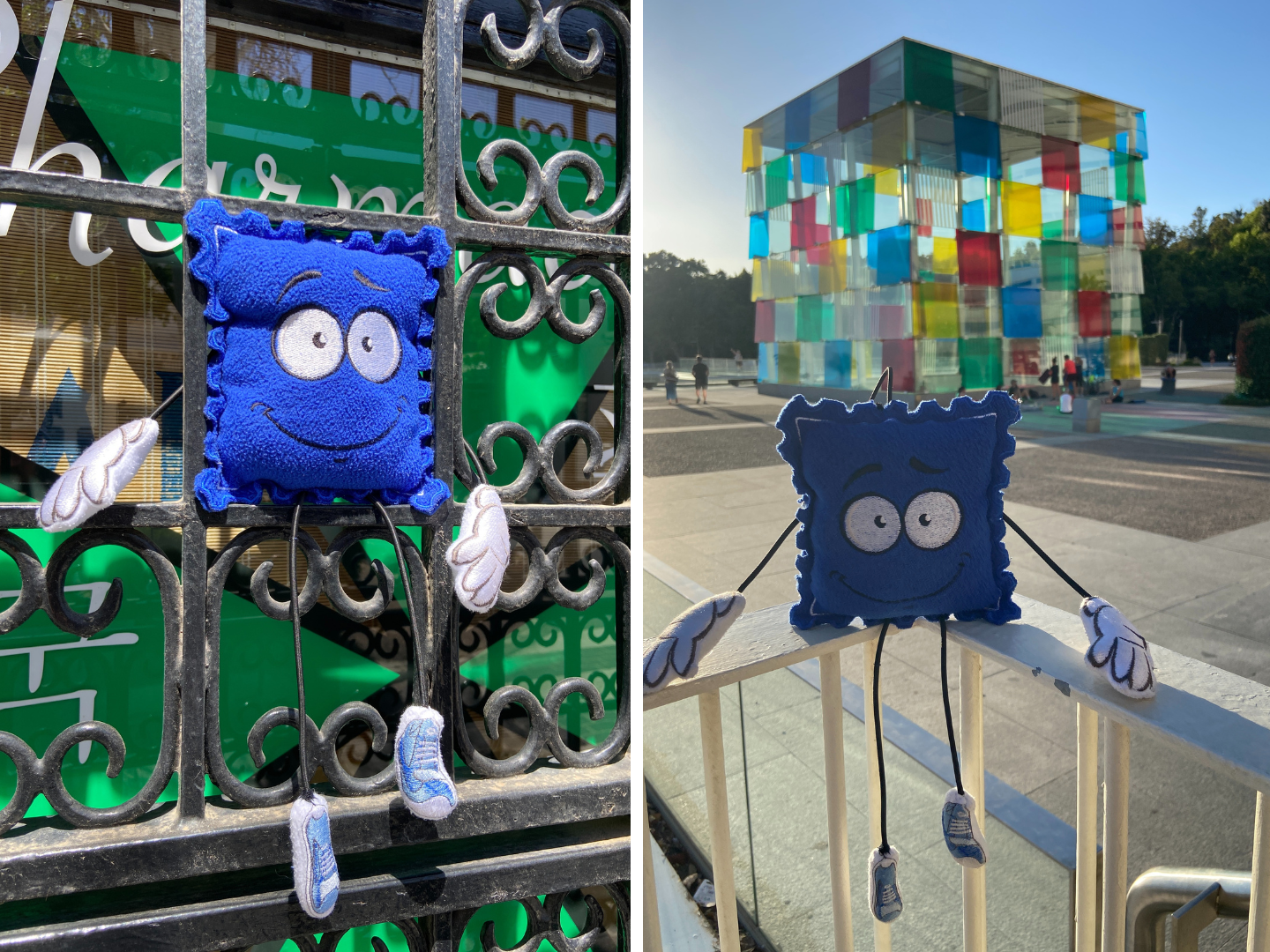 A small blue stamp on a school trip to Andalucia poses in front of the Pompidou Centre in Malaga