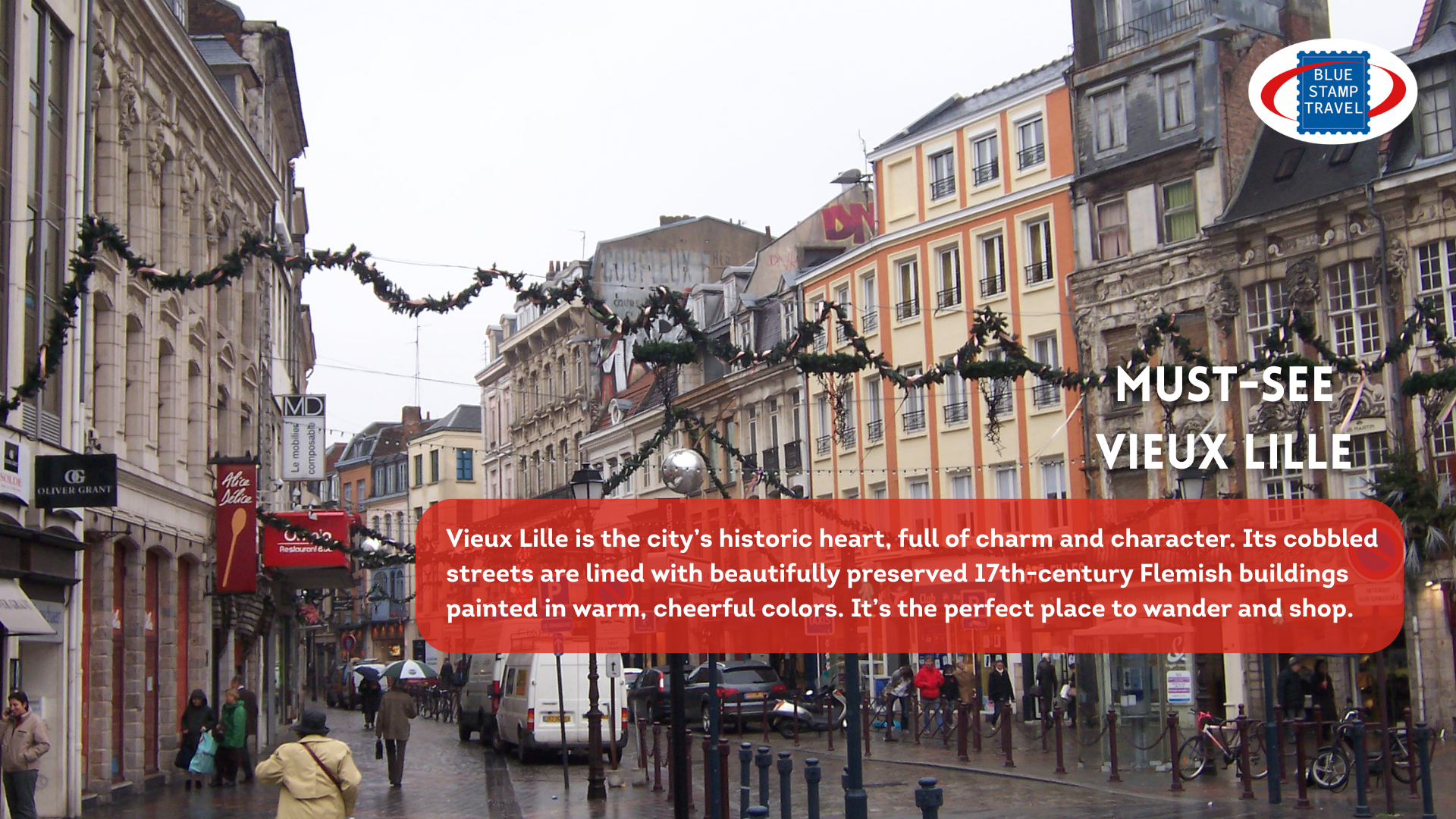 A street in Lille with historic buildings and pedestrians