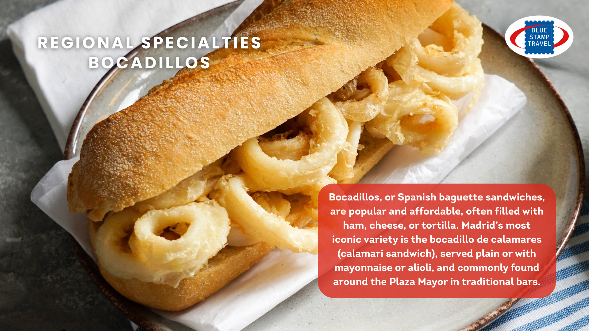 Fried squid rings in a freshly baked roll in Madrid