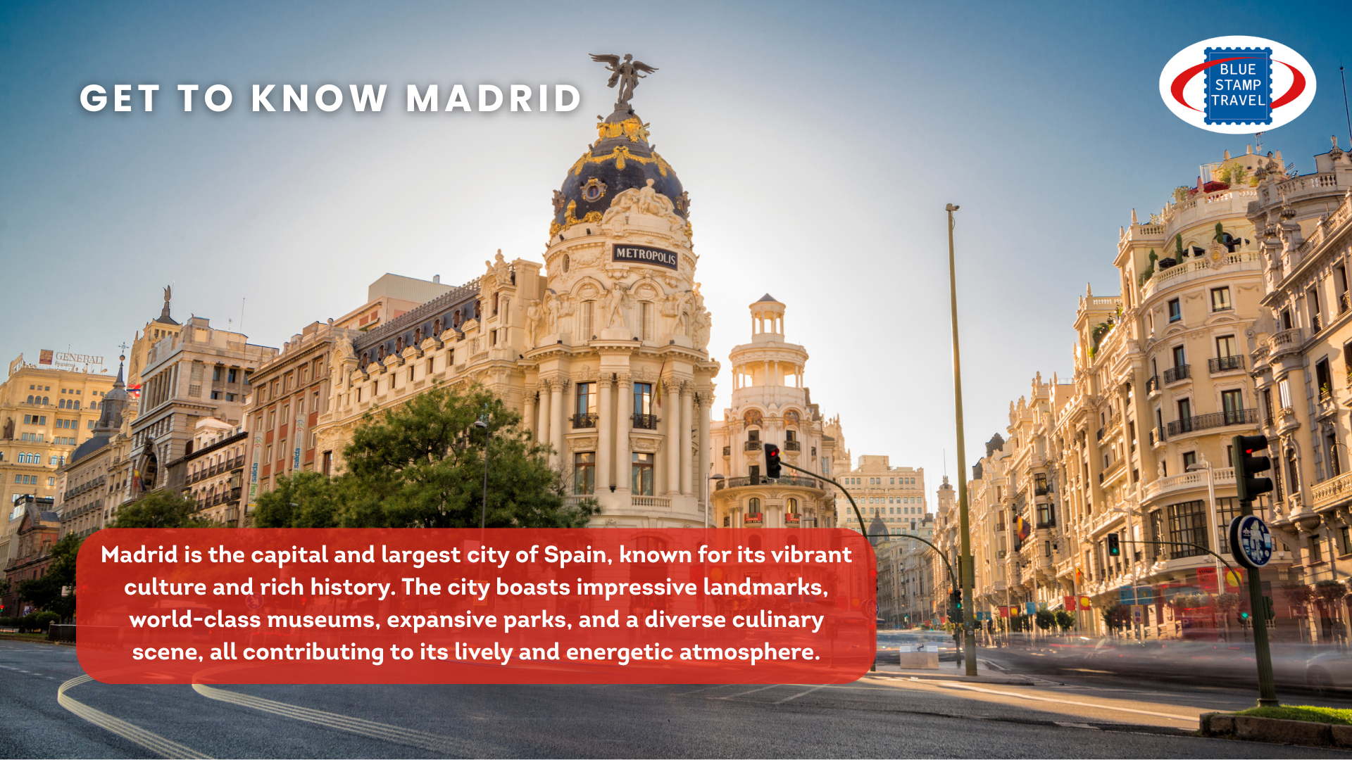 A view of central Madrid with grand buildings in the sunshine