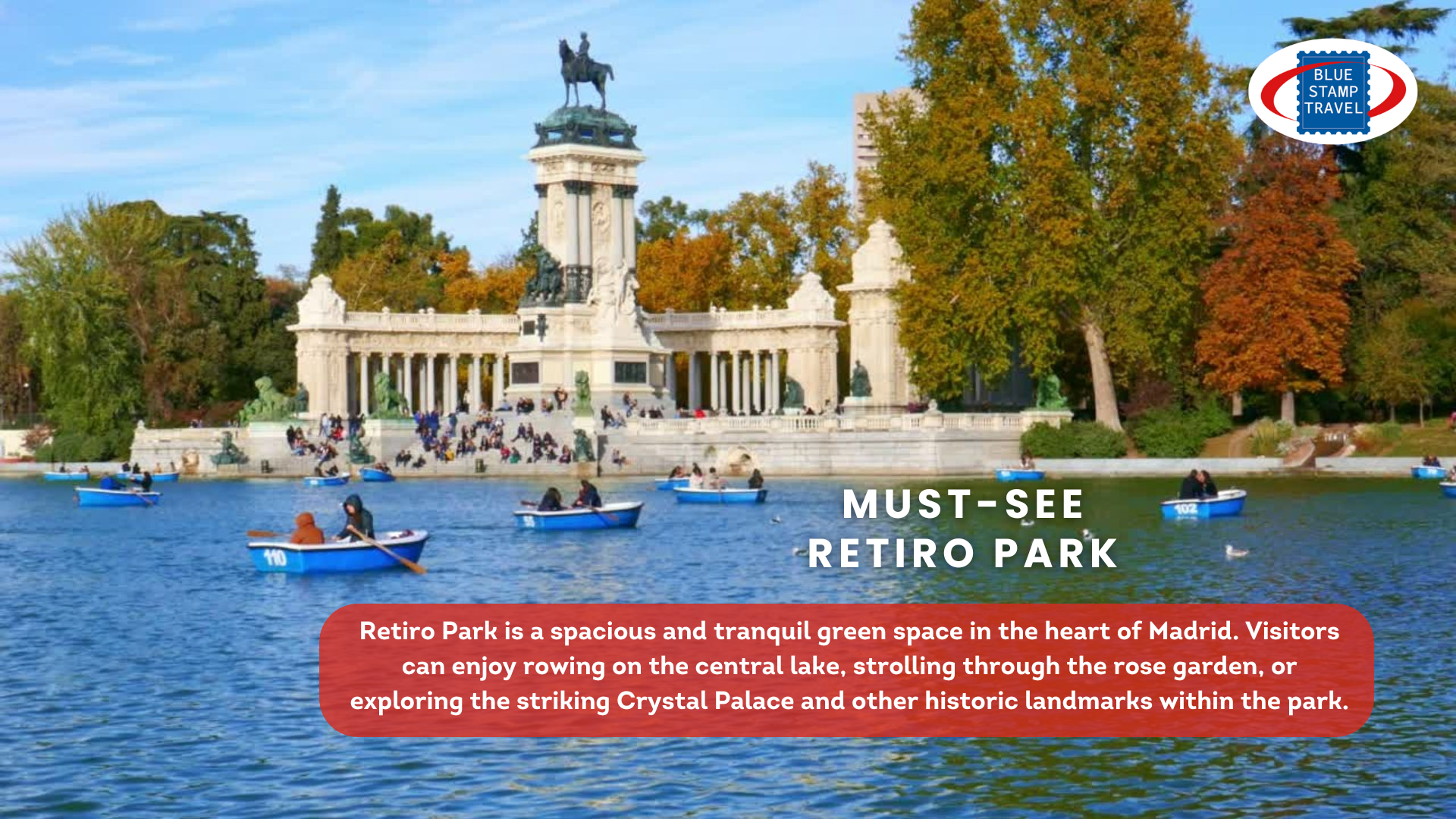 The lake in Retiro Park with people in small rowing boats
