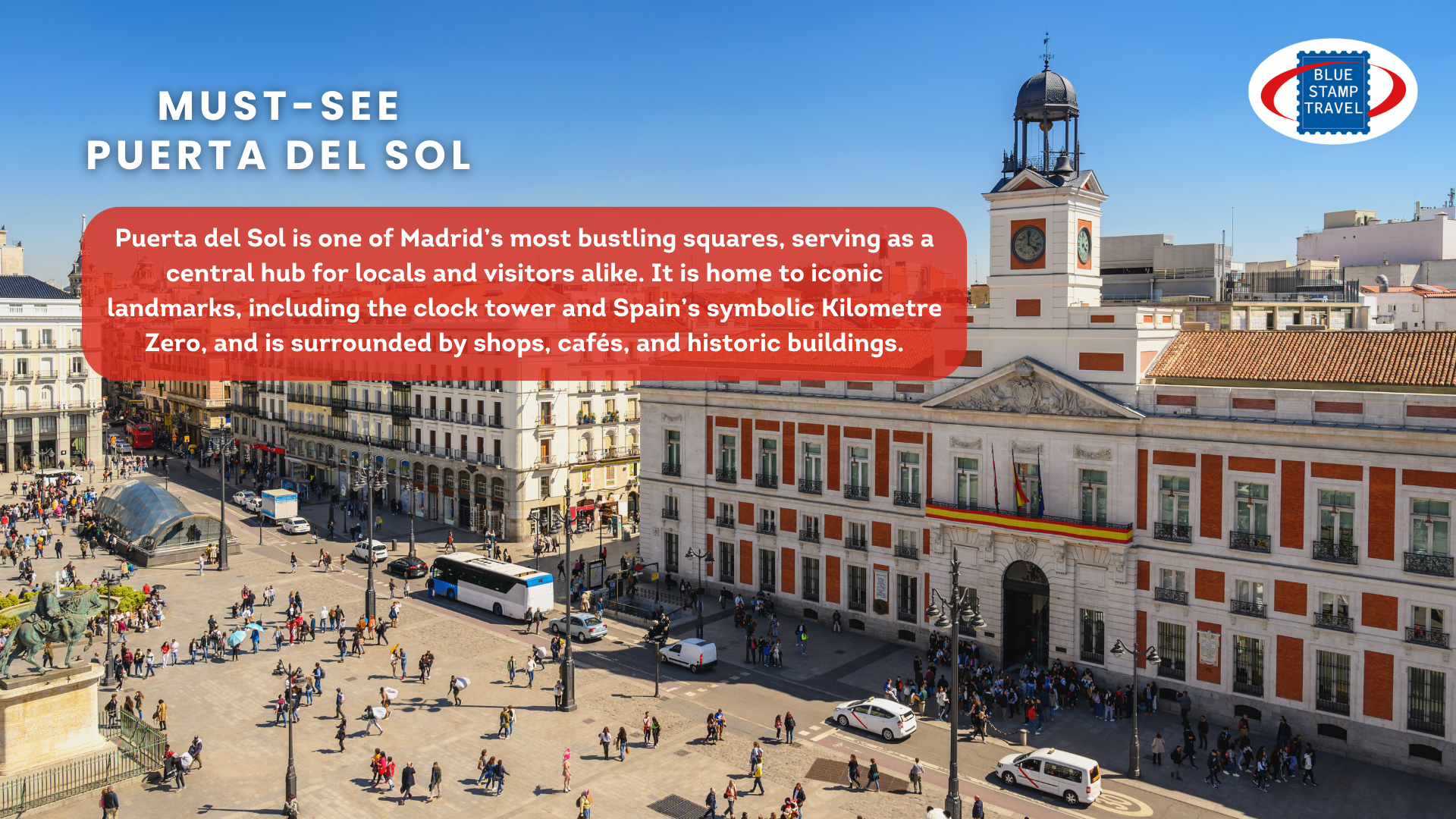 A bird's-eye view of Puerta del Sol in Madrid, with people strolling across the grand square