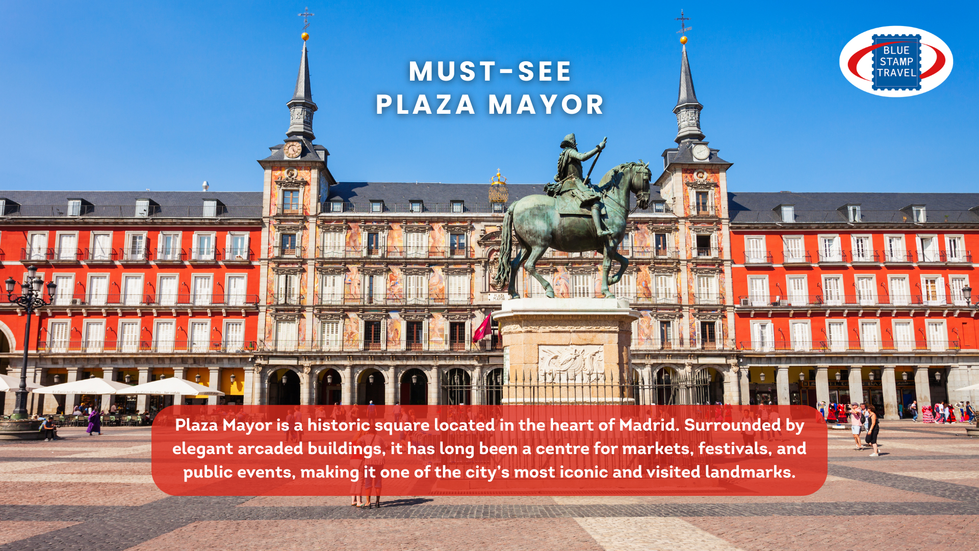 An equestrian statute stands in front of a grand Baroque building on Plaza Mayor in Madrid