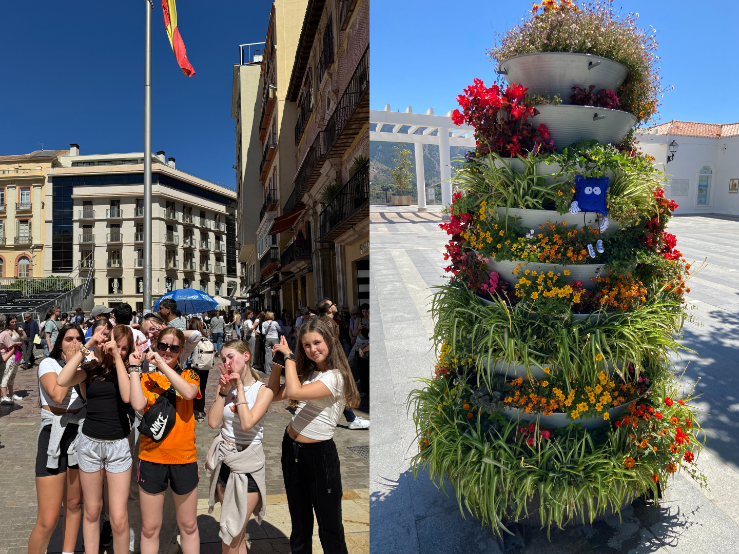 Two photos: one of a group of students on a school trip to Malaga in front of a flagpole with the Spanish flag, the other of Stampie sitting in a planter.