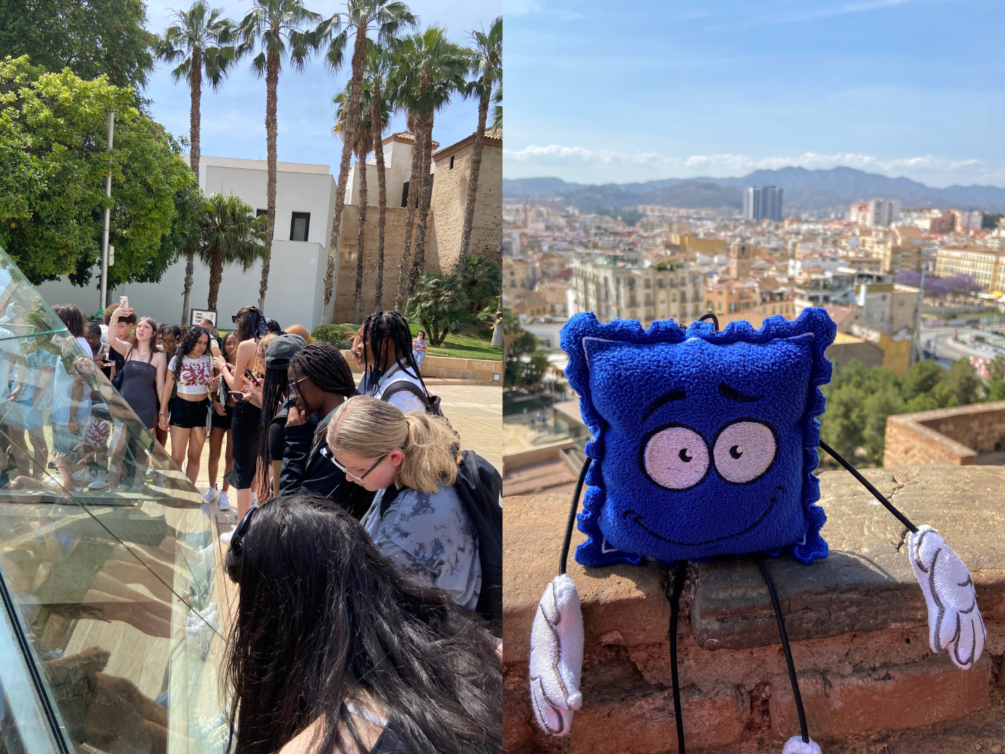 Left image: students on a school trip to Malaga explore the city. Right: Stampie the Blue Stamp Travel mascot sits on a rampart of the Alcazaba
