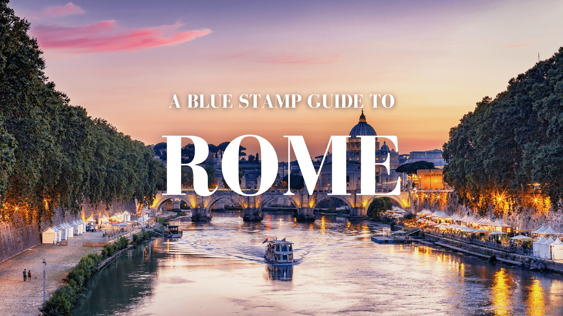 A two-deck tourist vessel sails towards the viewer along the Tiber in Rome. Trees line the image to either side, with the dome of St Peter's visible in the background.