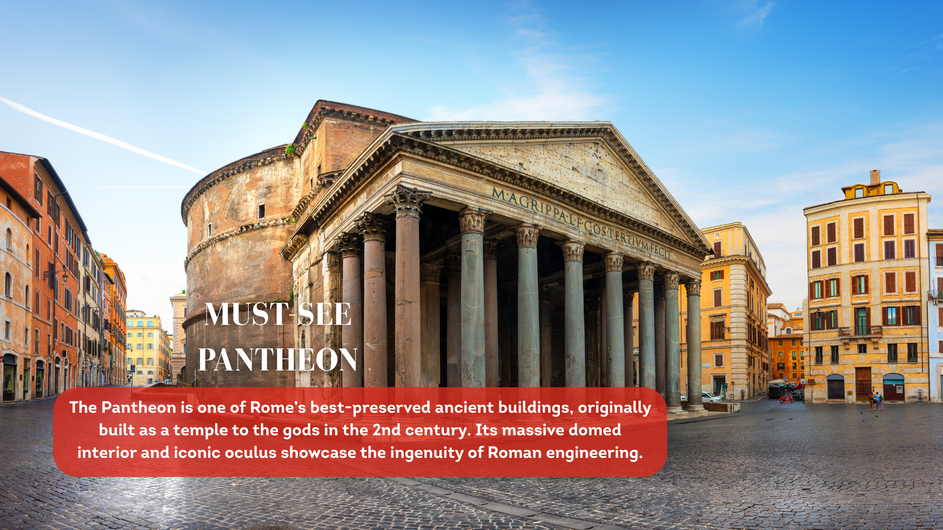 The colonnaded portal of the Pantheon in Rome under a clear blue sky