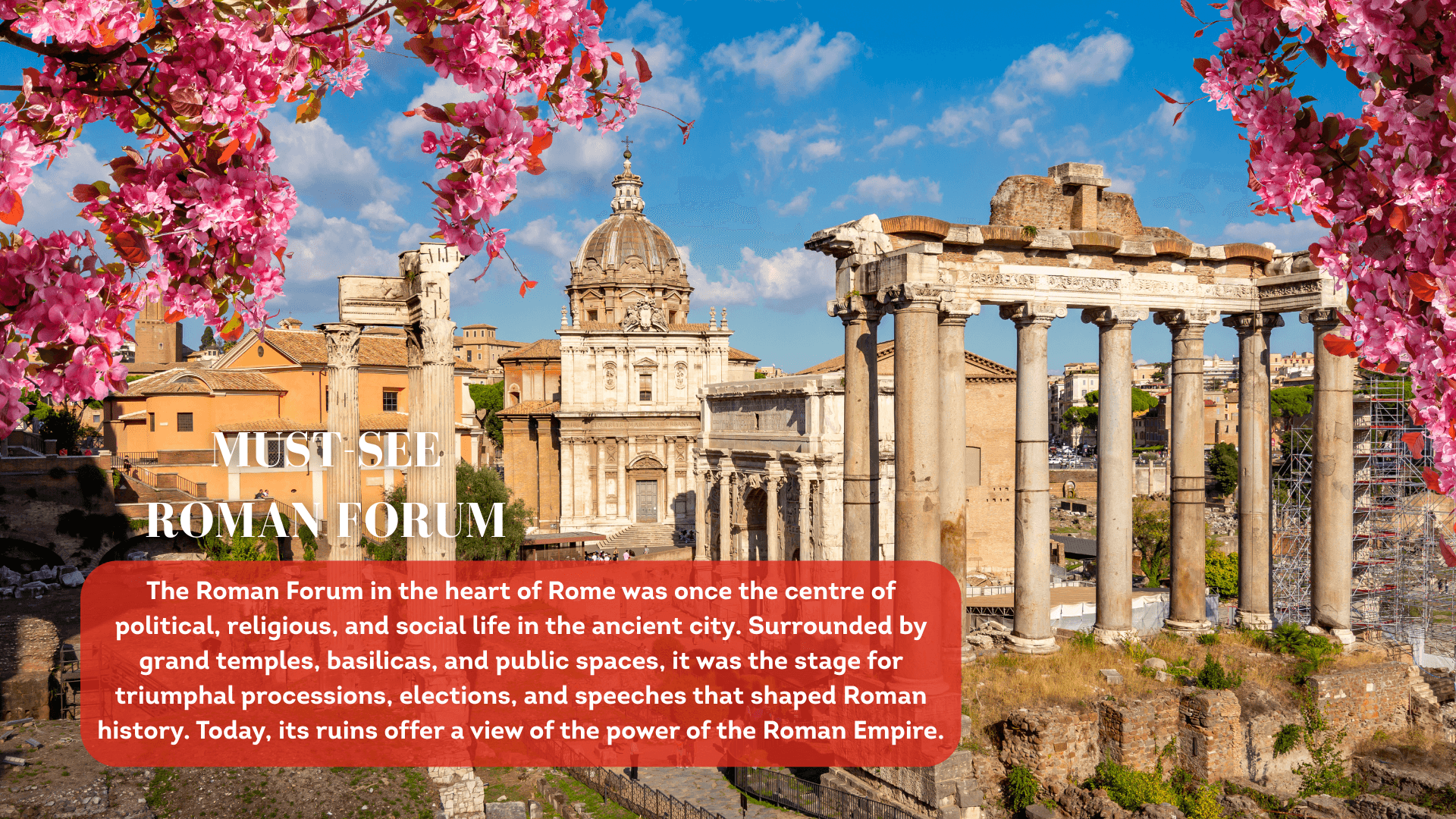 A Roman street with a grand domed Renaissance church on the left, a line of terracotta-coloured buildings on the right, and in the centre a fountain with a classical statue of a man.