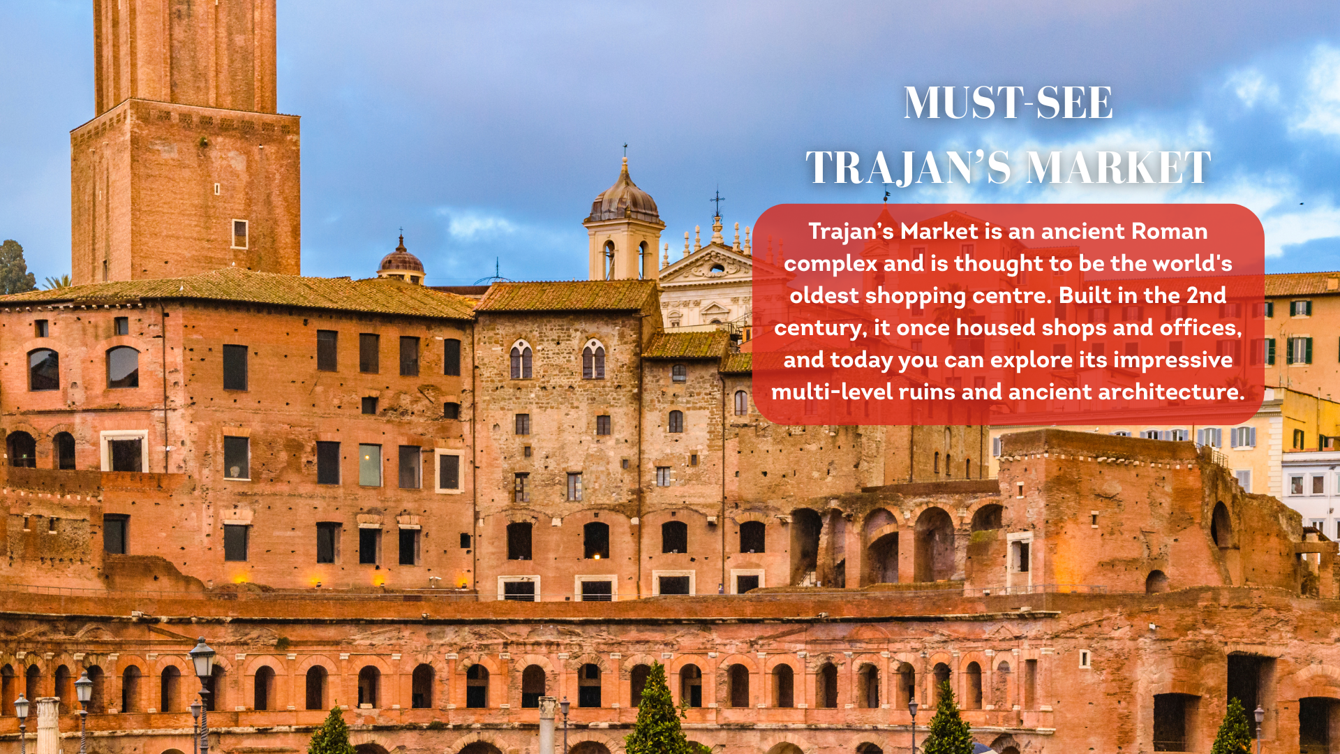 Tall red-brick buildings and a cloudy sky over Trajan's market in Rome