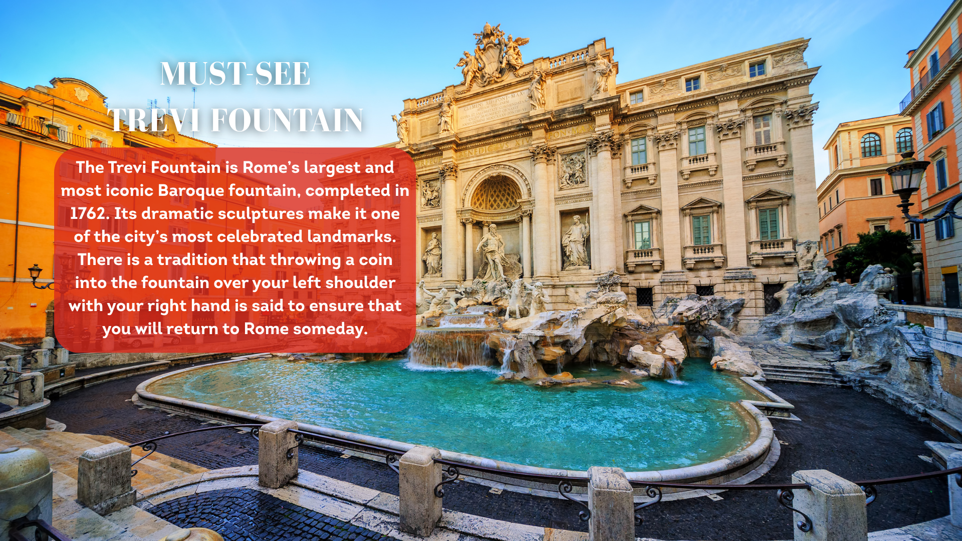 The spectacular Trevi Fountain in Rome, with sculptures and a monumental arch in the background