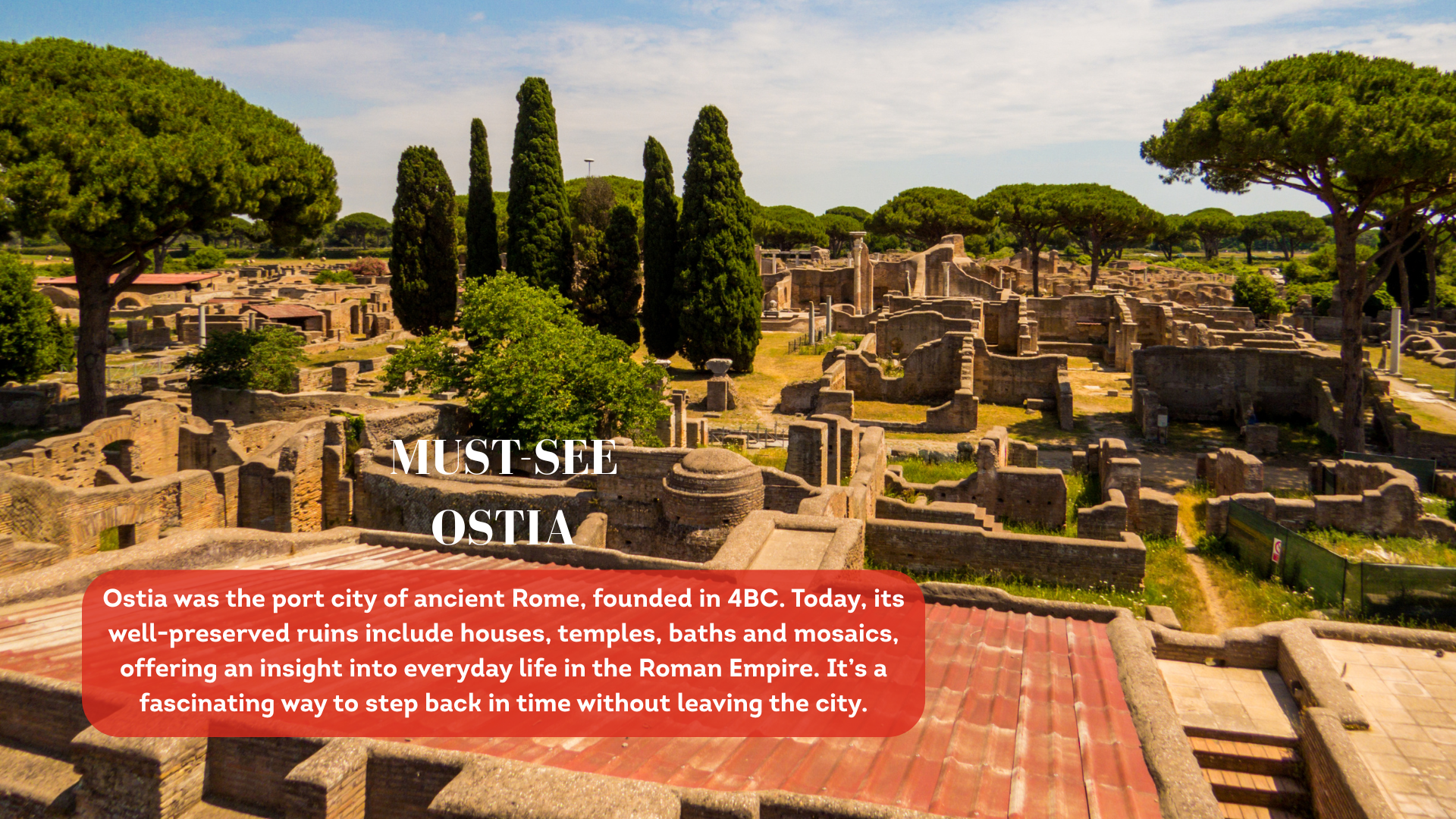 The ruins of the ancient Roman port of Ostia, with trees growing among the walls of the buildings