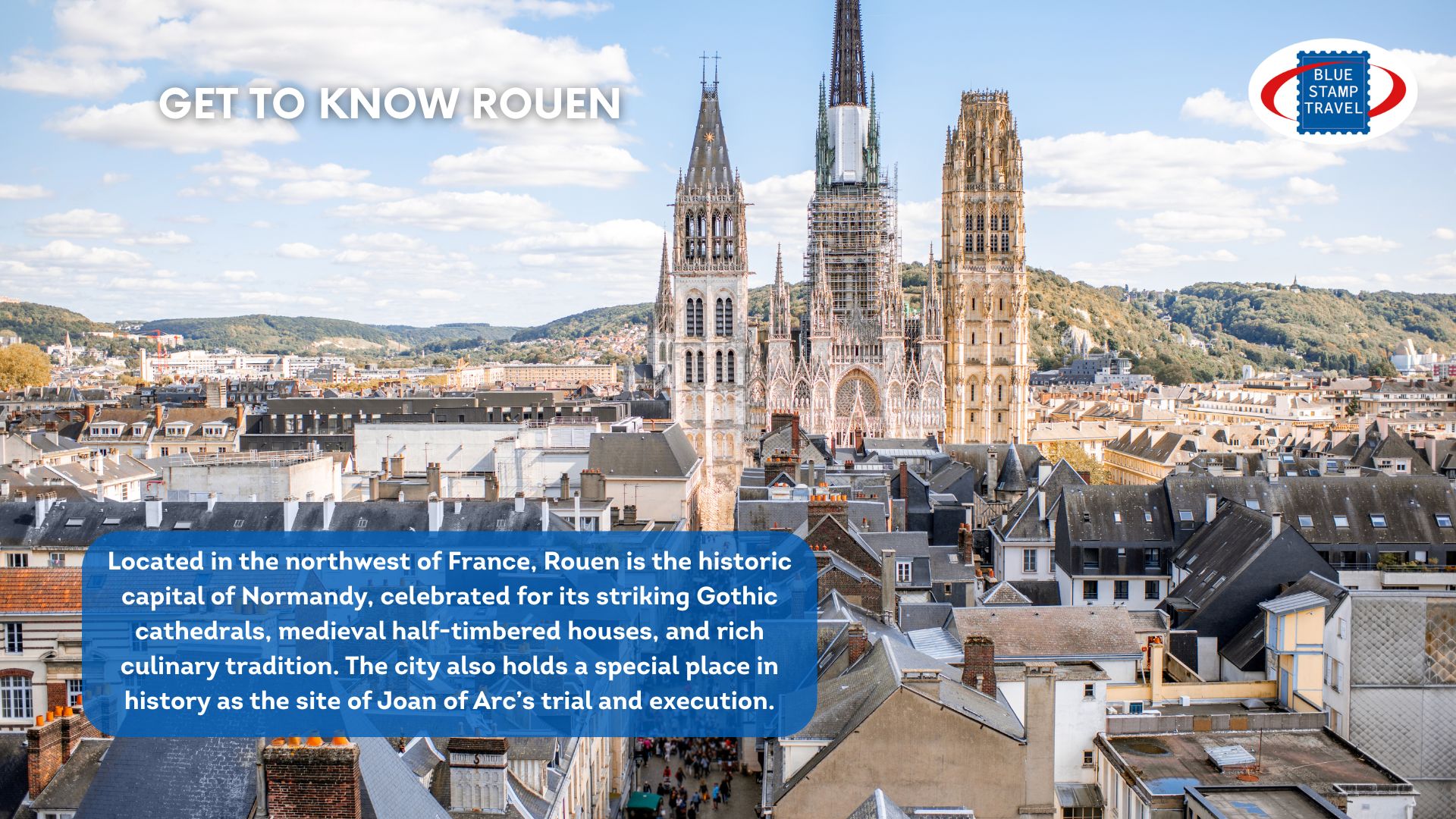 A view of Rouen Cathedral over the rooftops of the city