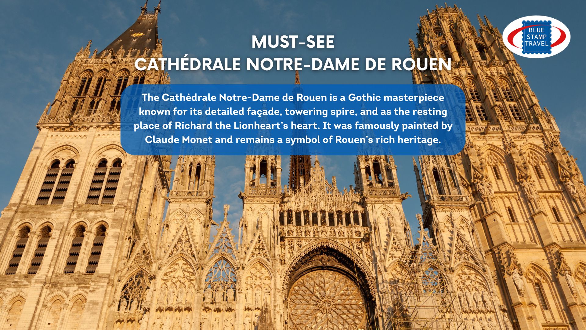 The upper part of the west front of Rouen Cathedral, richly carved and decorated with gothic ornament and tracery.