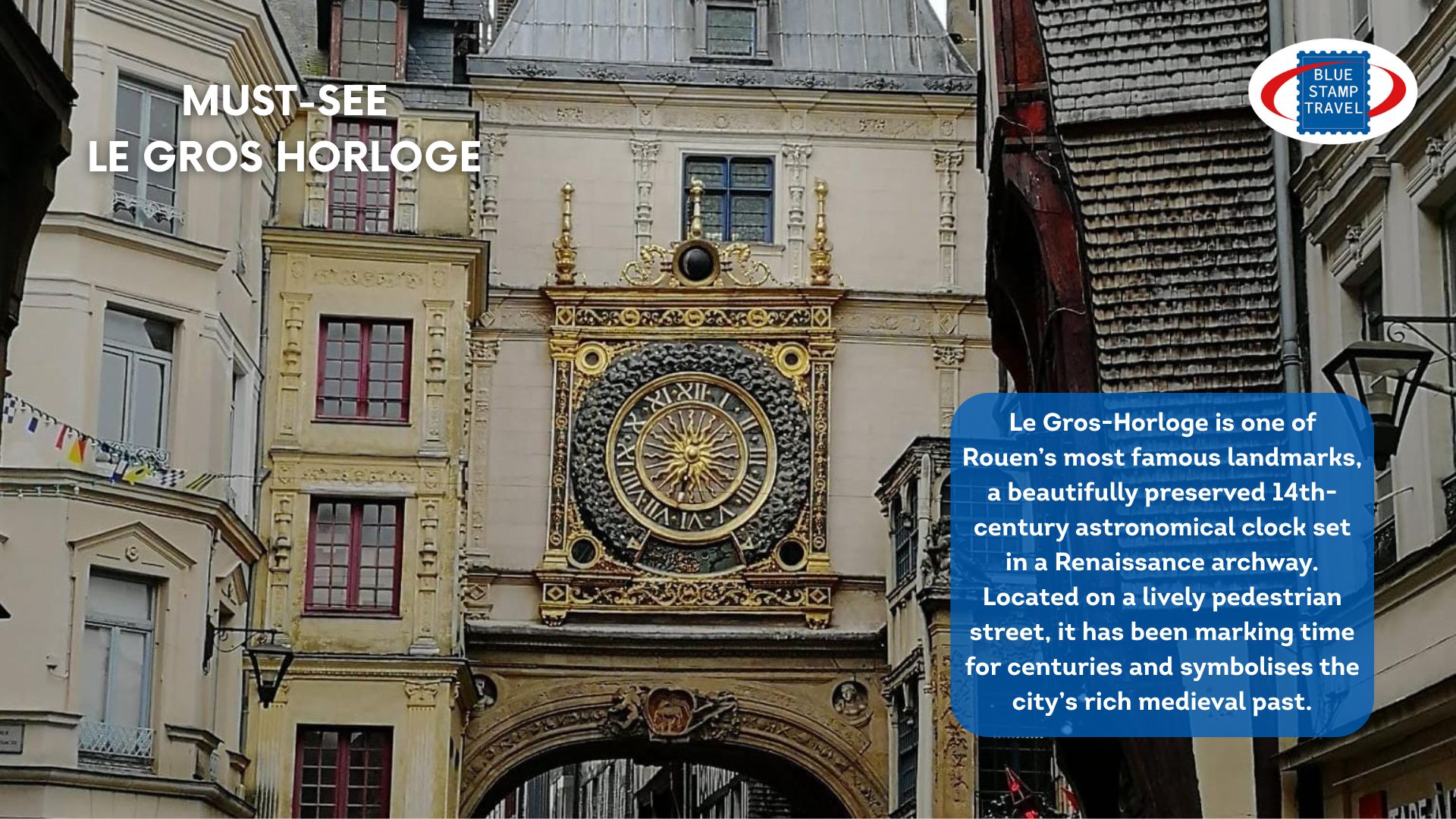 An elaborate medieval clock in Rouen with its richly gilded frame and distinctive central sun motif.