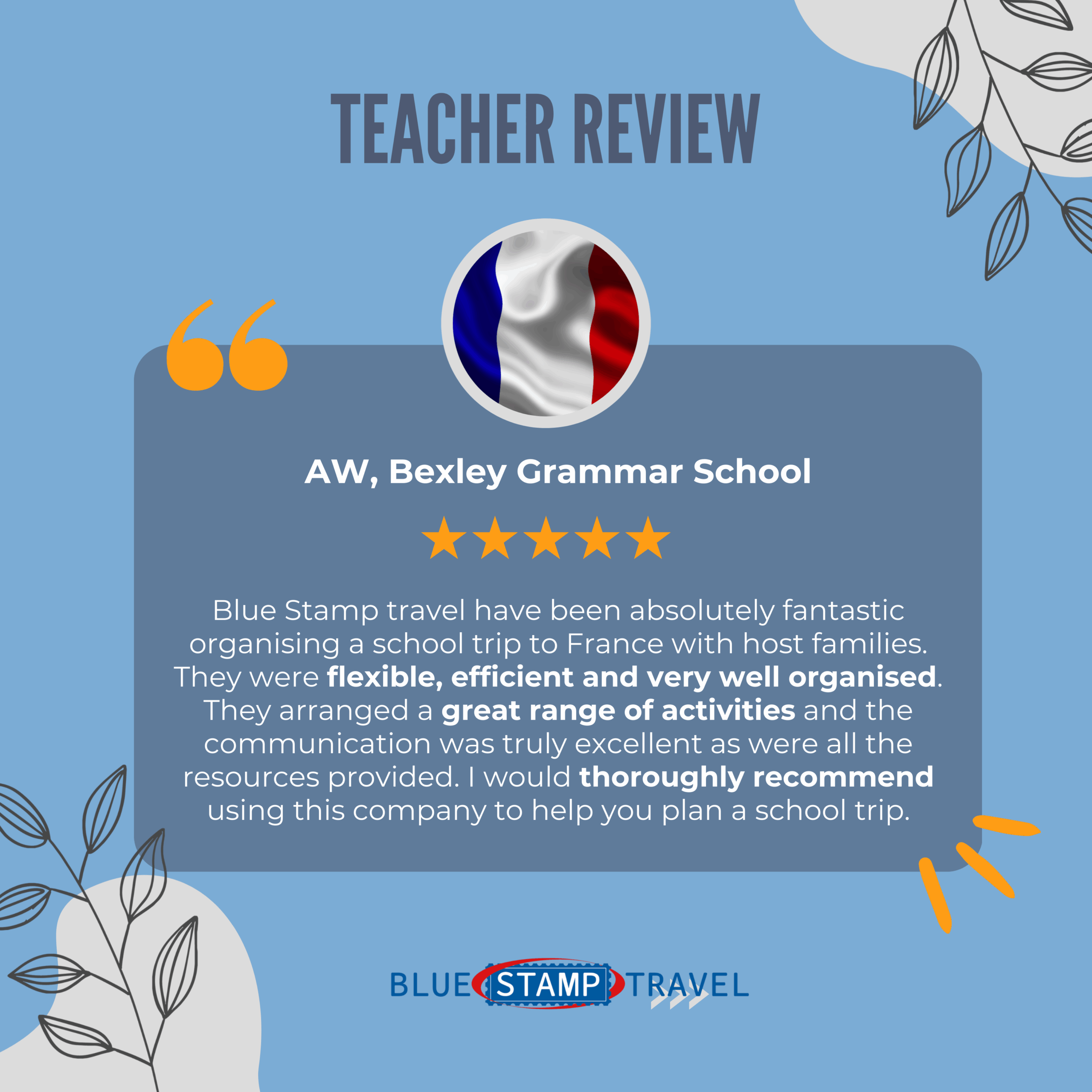 A 5* Google Review of Blue Stamp Travel submitted by a teacher
