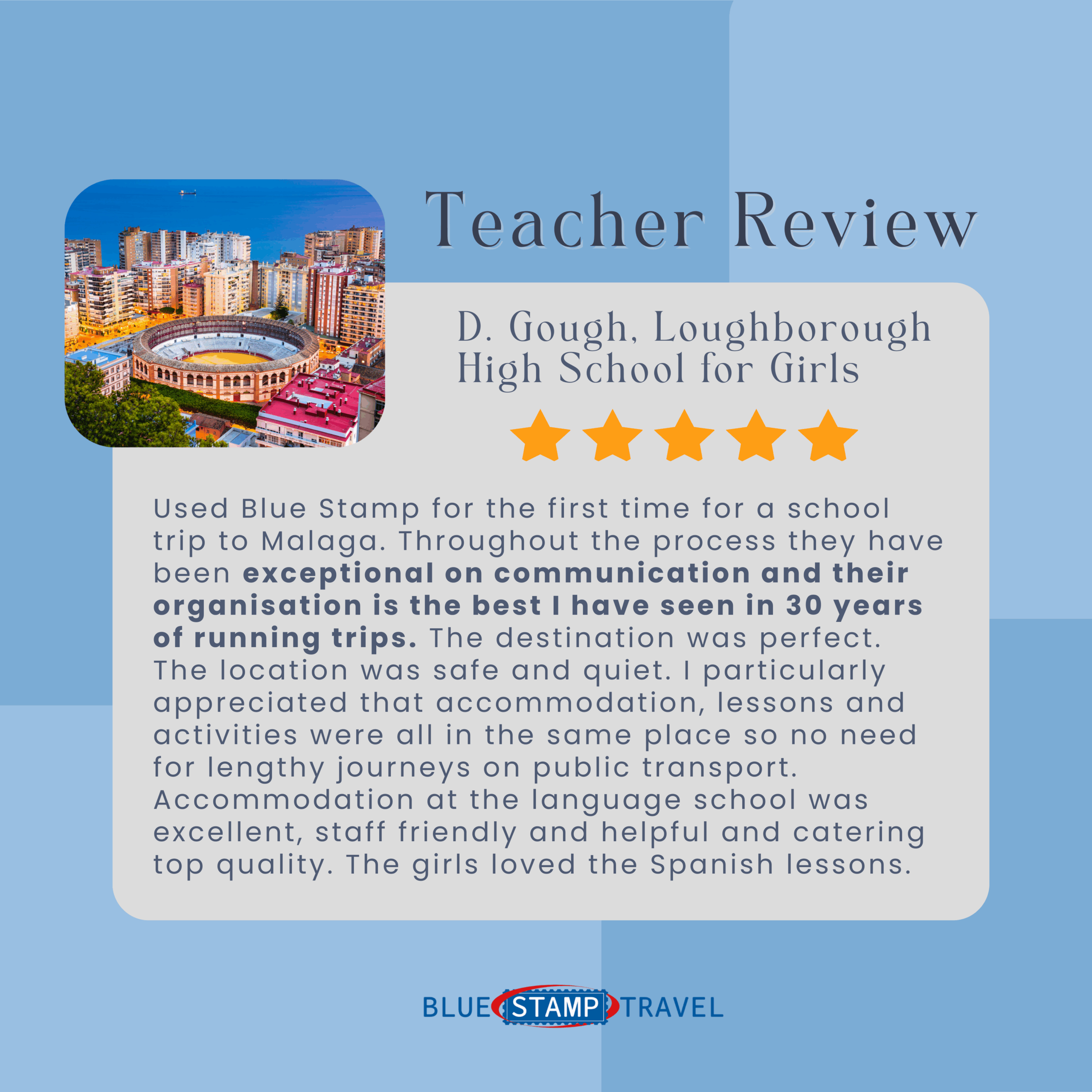 A 5* Google Review of Blue Stamp Travel submitted by a teacher