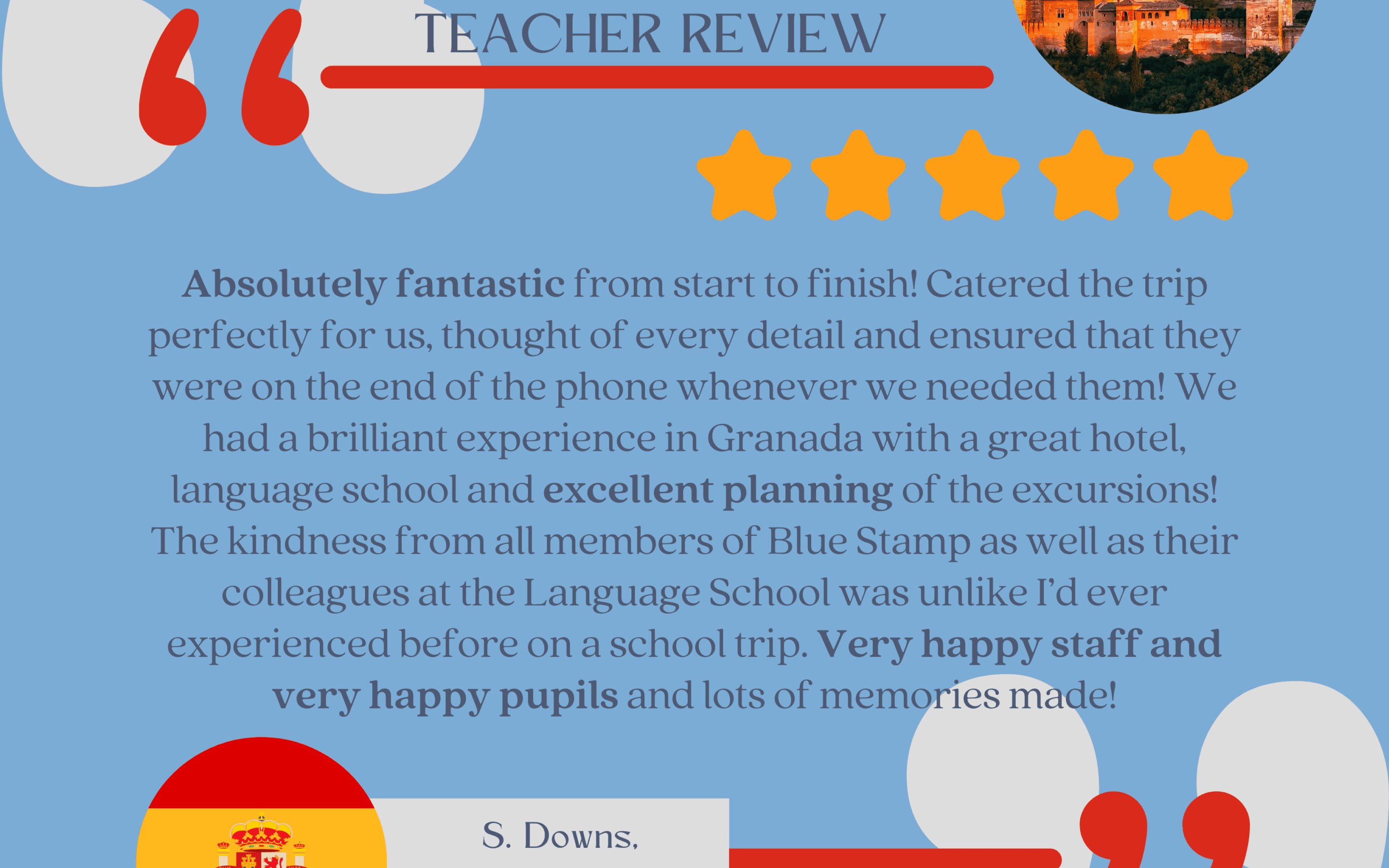 A 5* Google Review of Blue Stamp Travel submitted by a teacher