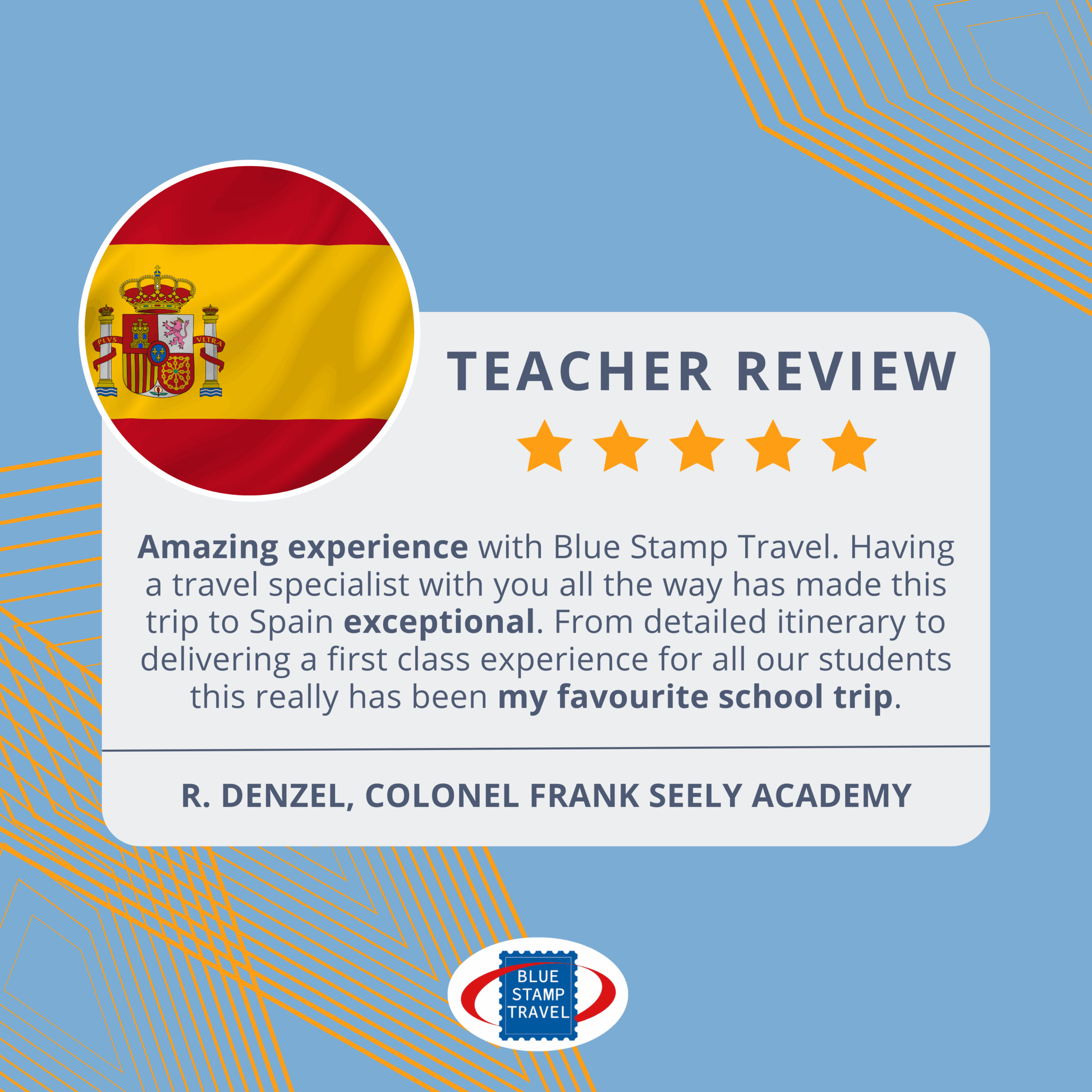 A 5* Google Review of Blue Stamp Travel submitted by a teacher
