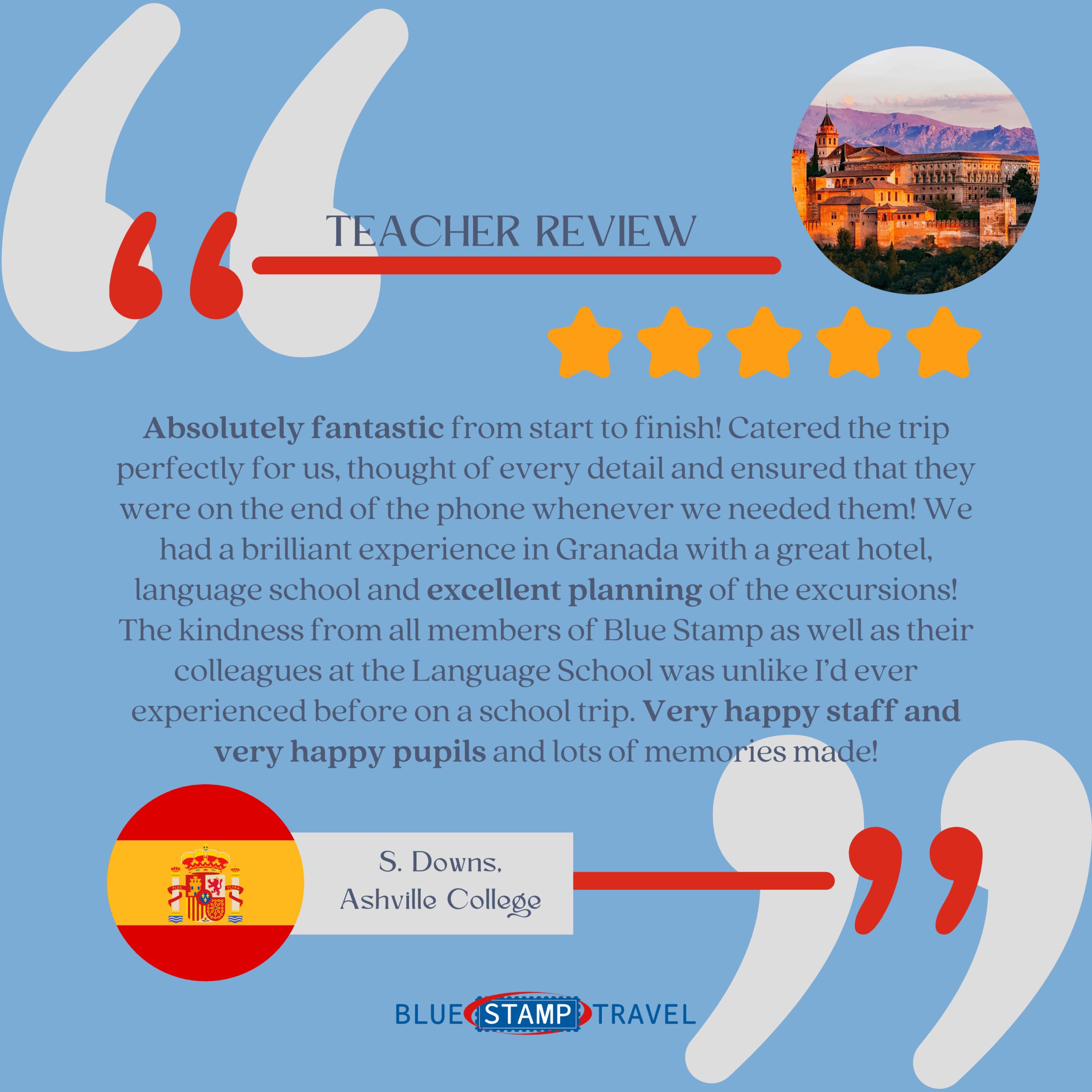 A 5* Google Review of Blue Stamp Travel submitted by a teacher