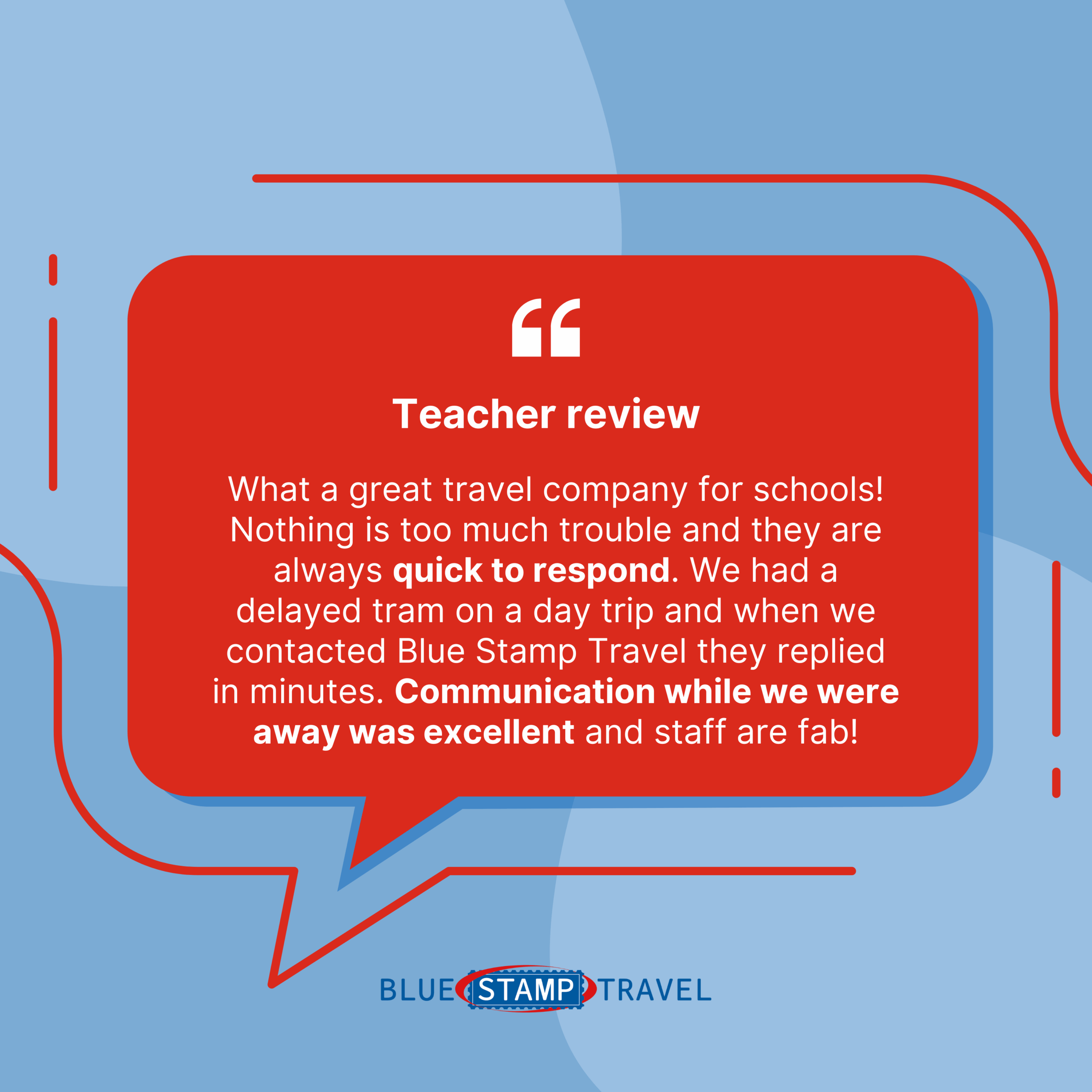 A 5* Google Review of Blue Stamp Travel submitted by a teacher