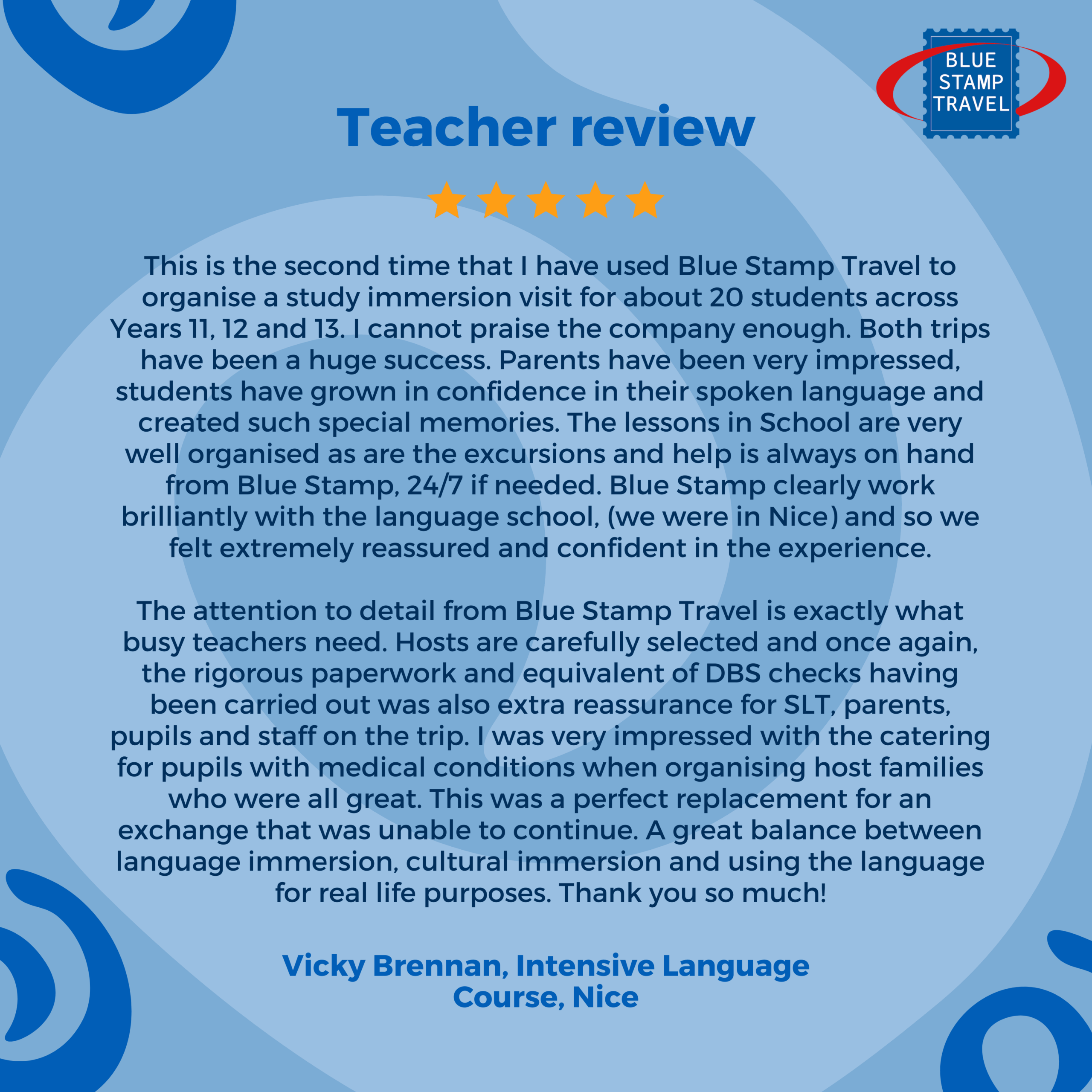 A 5* Google Review of Blue Stamp Travel submitted by a teacher