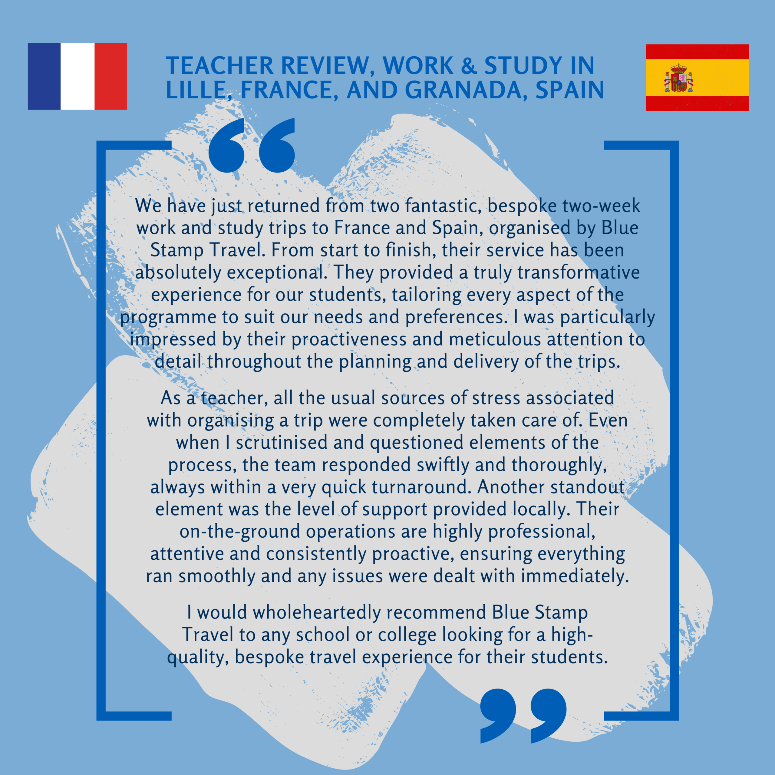 A 5* Google Review of Blue Stamp Travel submitted by a teacher