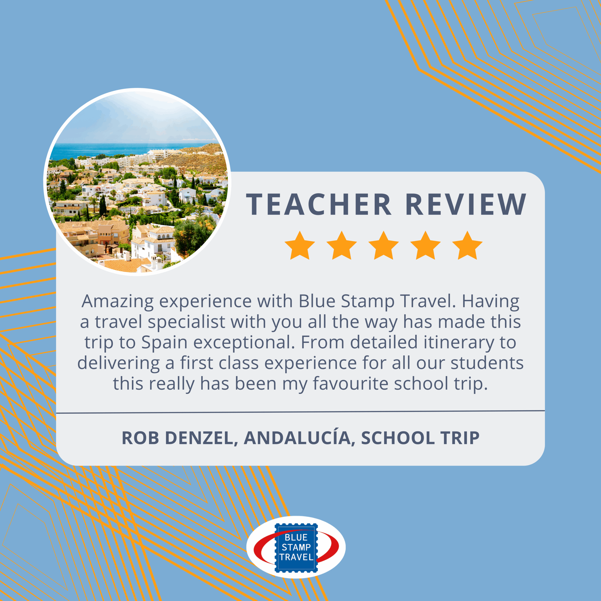 A 5* Google Review of Blue Stamp Travel submitted by a teacher