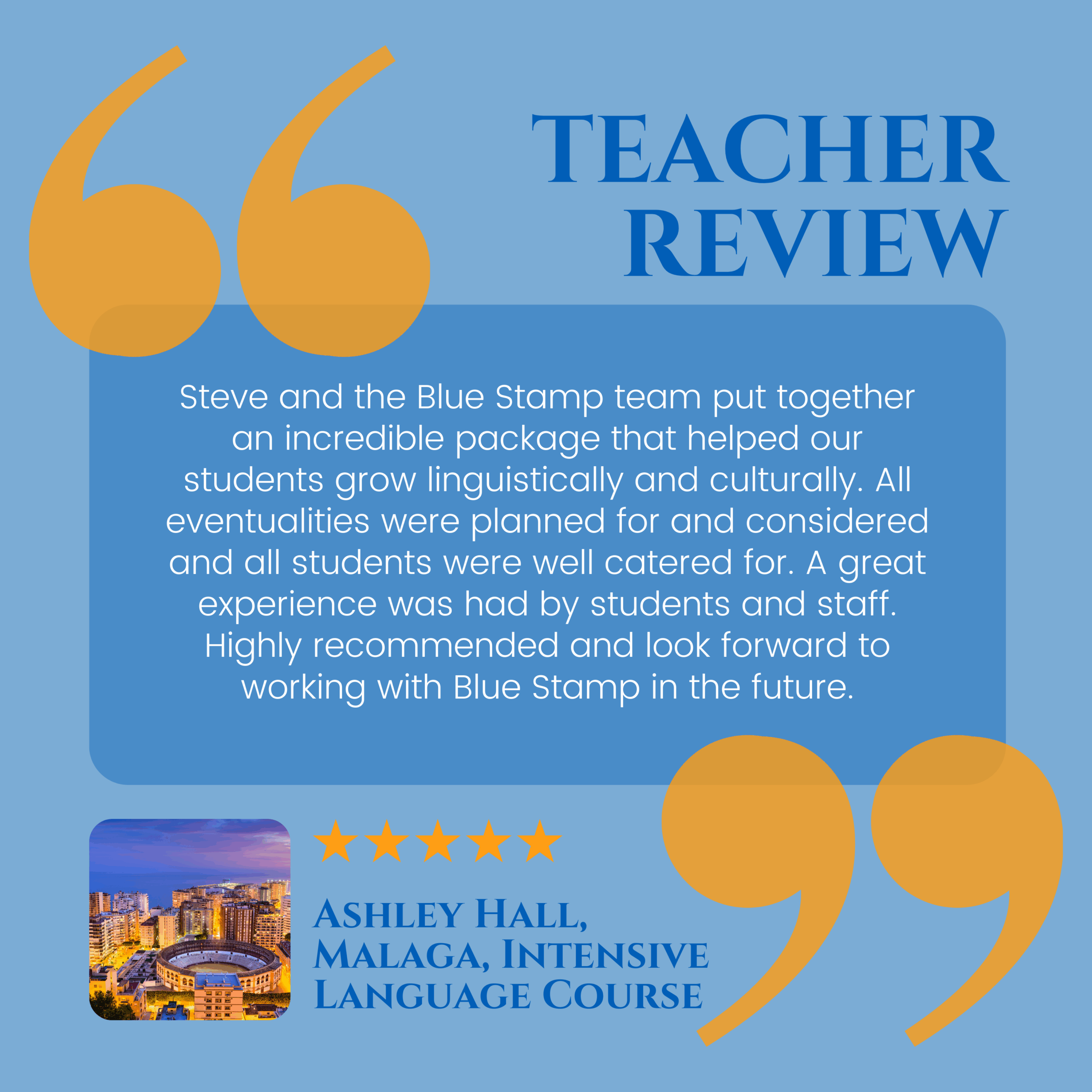 A 5* Google Review of Blue Stamp Travel submitted by a teacher