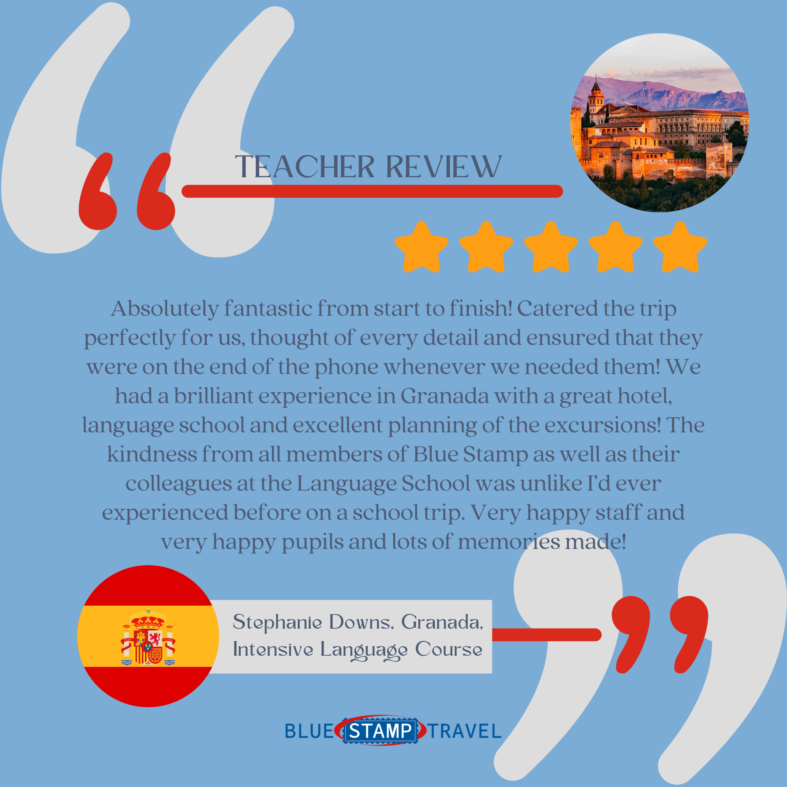 A 5* Google Review of Blue Stamp Travel submitted by a teacher