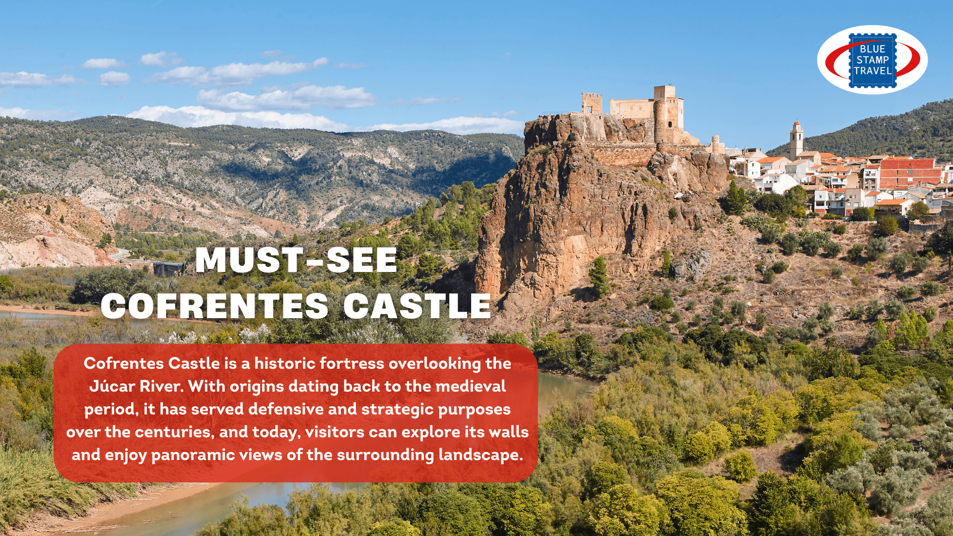 Historic Cofrentes Castle stands atop a dramatic cliff above a bend in a river.