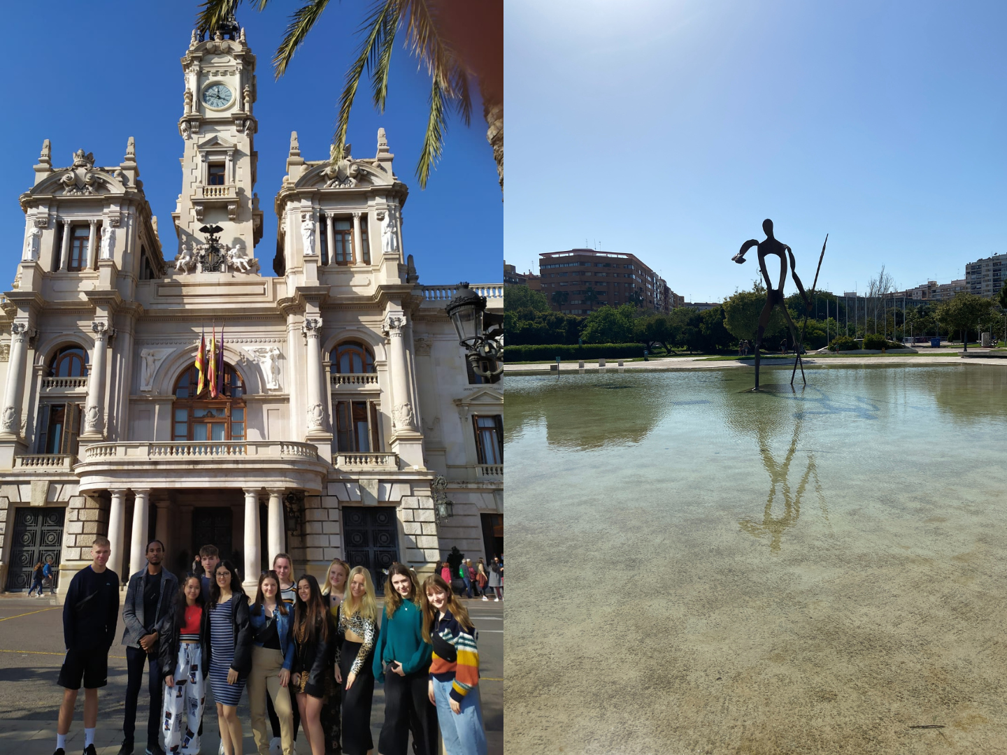 Scenes from Valencia: left - a group of students stand in front of the historic town hall. Right - a sculpture in a pool of water