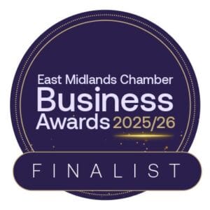 East Midlands Chamber finalist badge for the “Digital Transformation Award” and “Excellence in Customer Service Award” categories for the Nottinghamshire Business Awards.