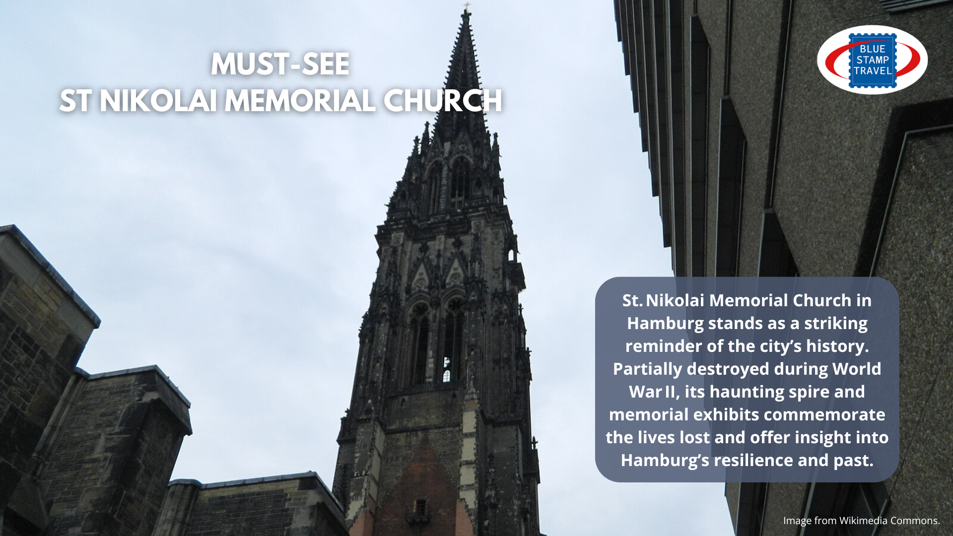 The spire of the destroyed St Nikolai church in Hamburg