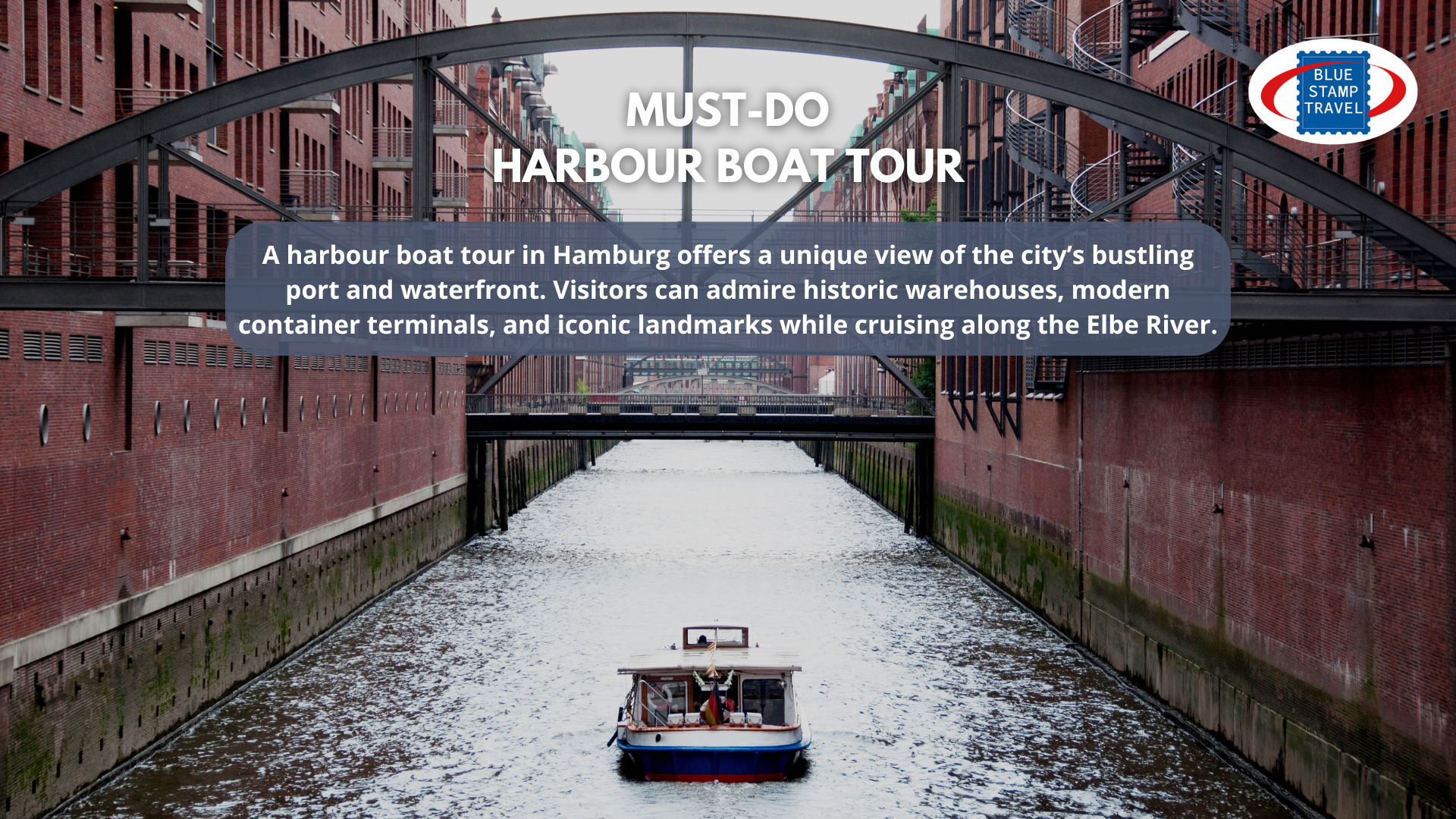 A tourist boat sails down a canal in the Speicherstadt district