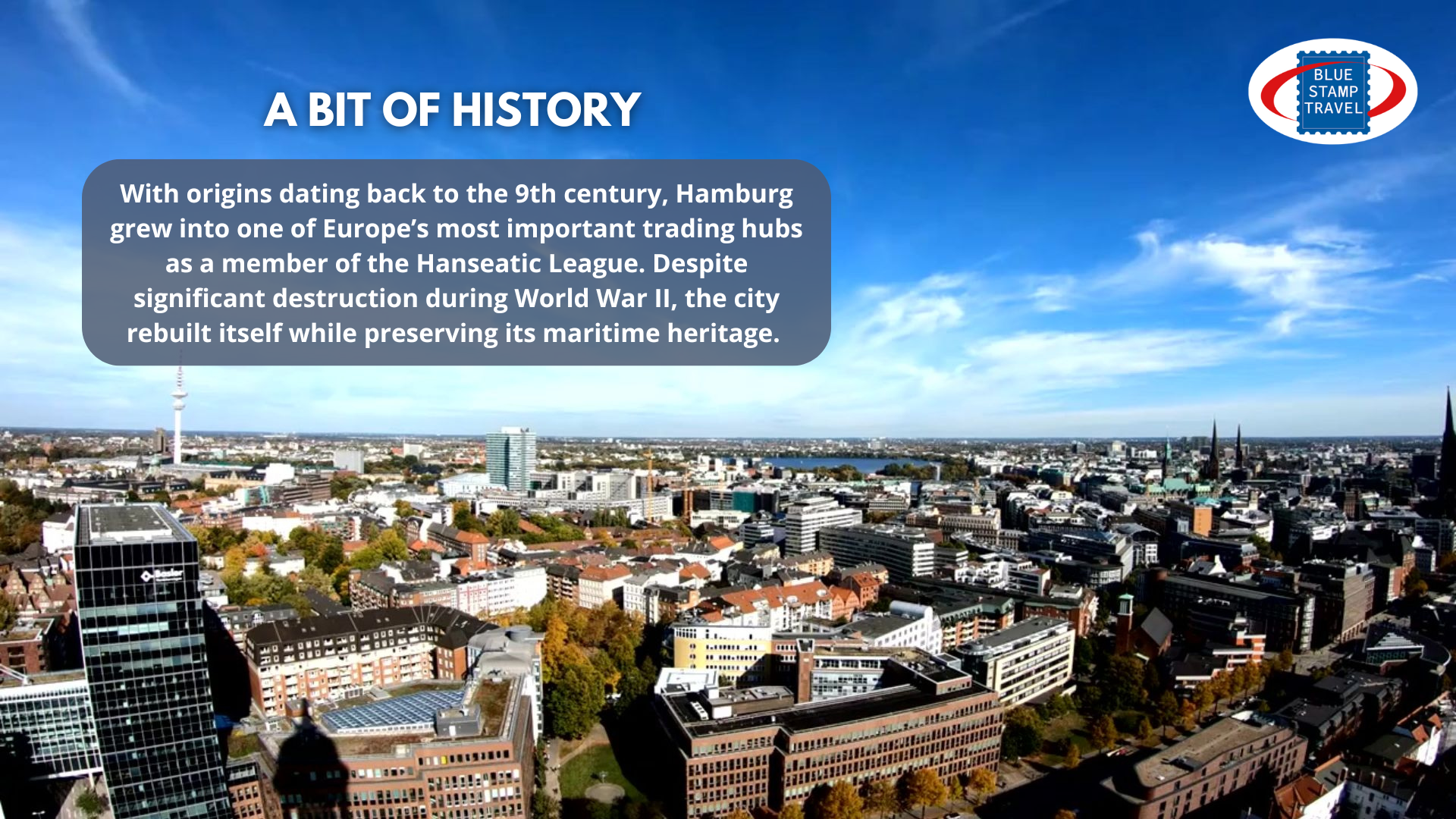 An aerial view of central Hamburg in sunlight